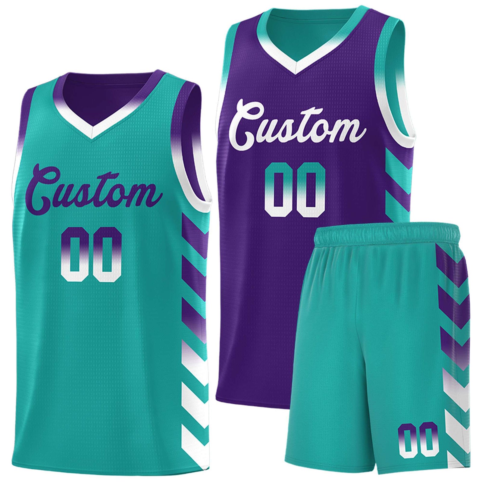 Custom Aqua Purple Reversible Basketball Jersey Kits - Side Arrow Purple White Gradient