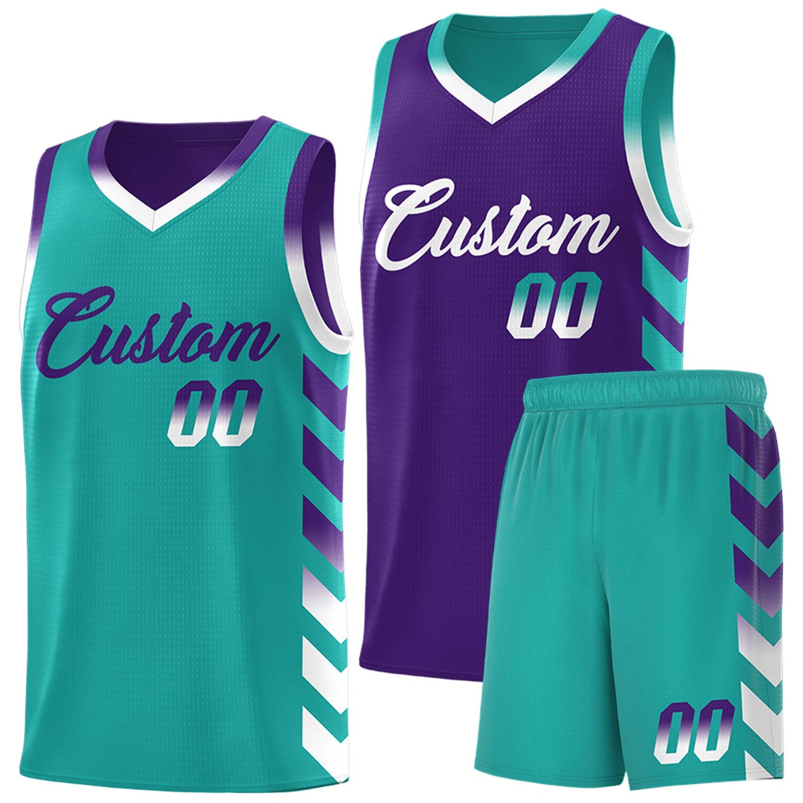 Custom Aqua Purple Reversible Basketball Jersey Kits - Side Arrow Purple White Gradient