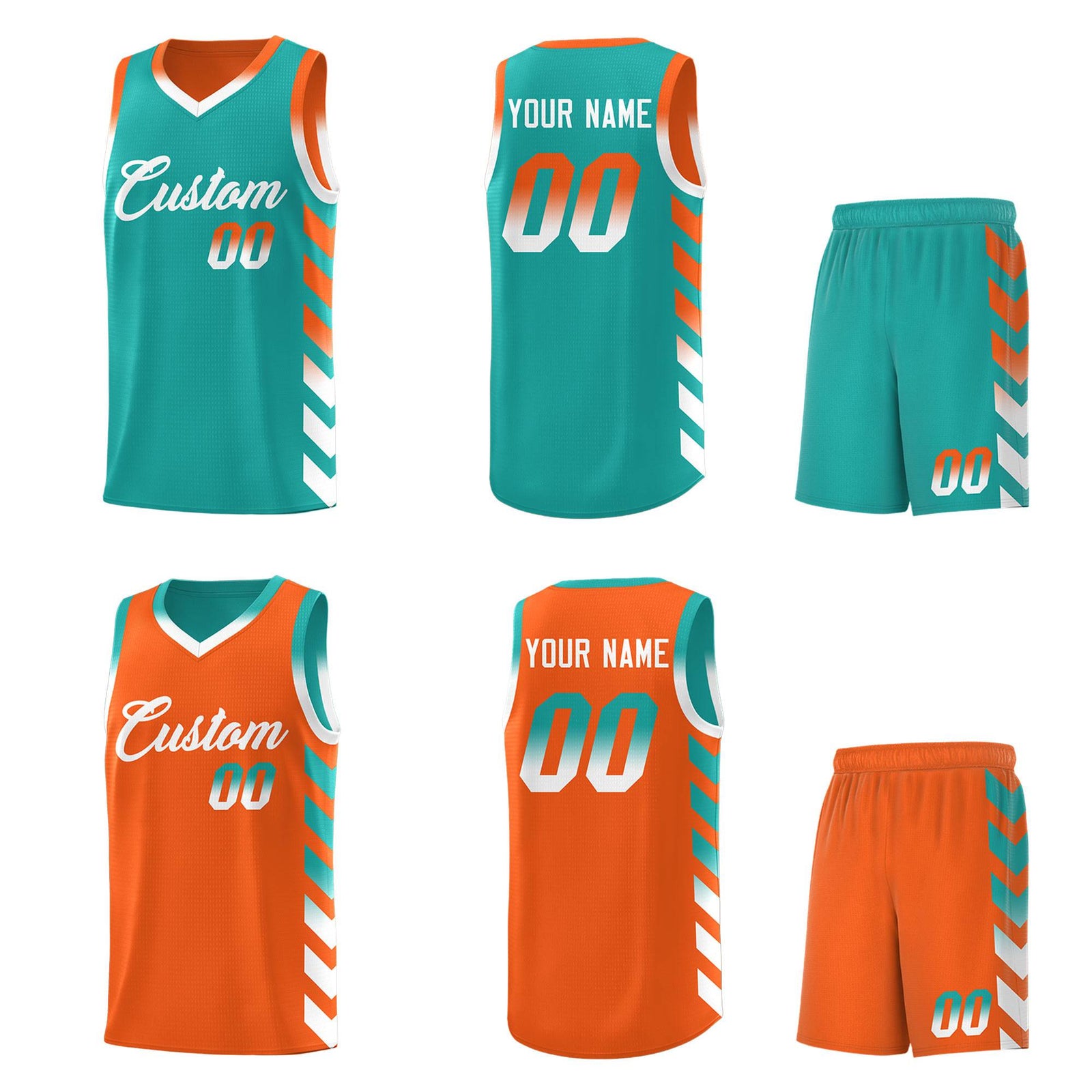 Custom Orange Aqua Reversible Basketball Jersey Kits - Side Arrow Aqua White Gradient