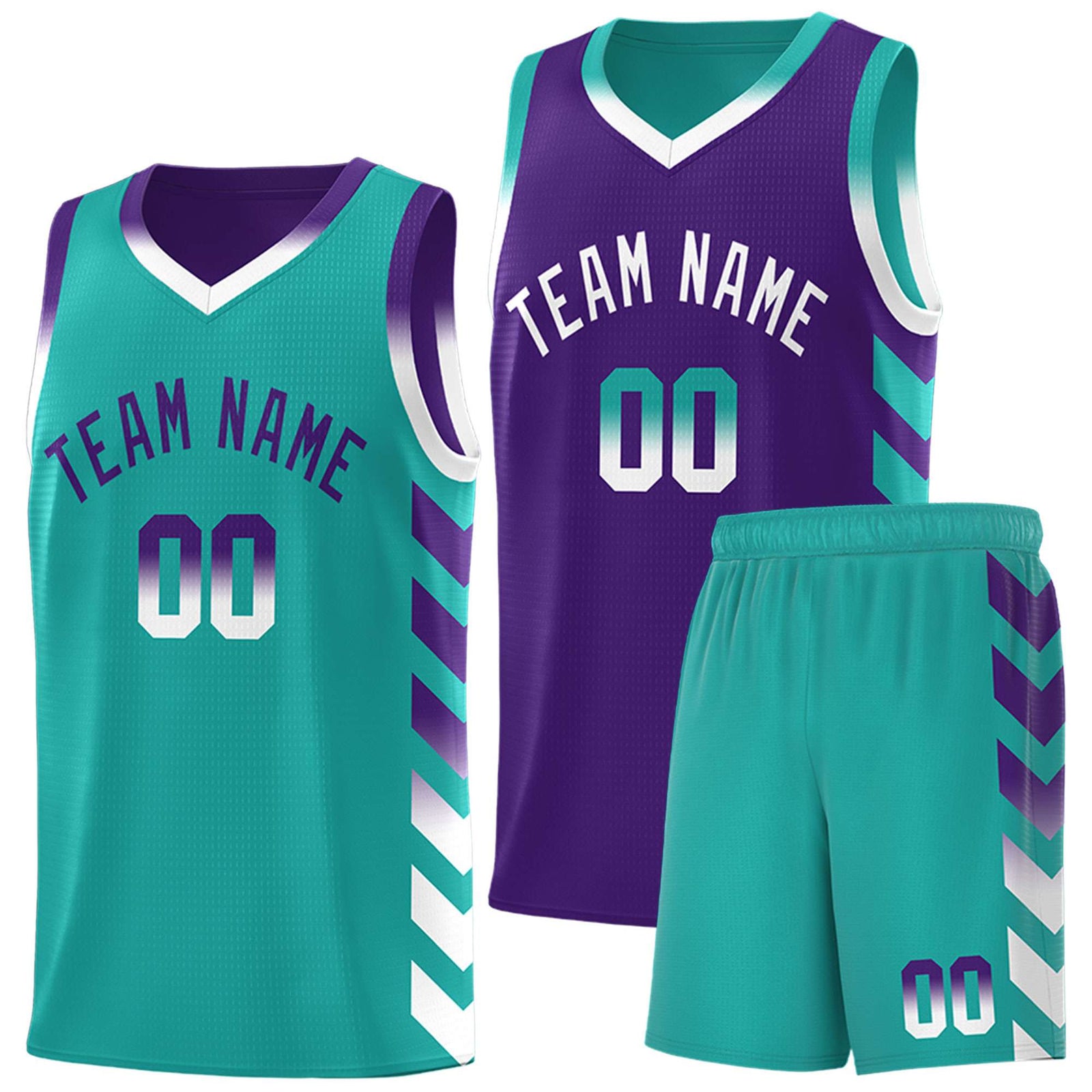 Custom Aqua Purple Reversible Basketball Jersey Kits - Side Arrow Purple White Gradient