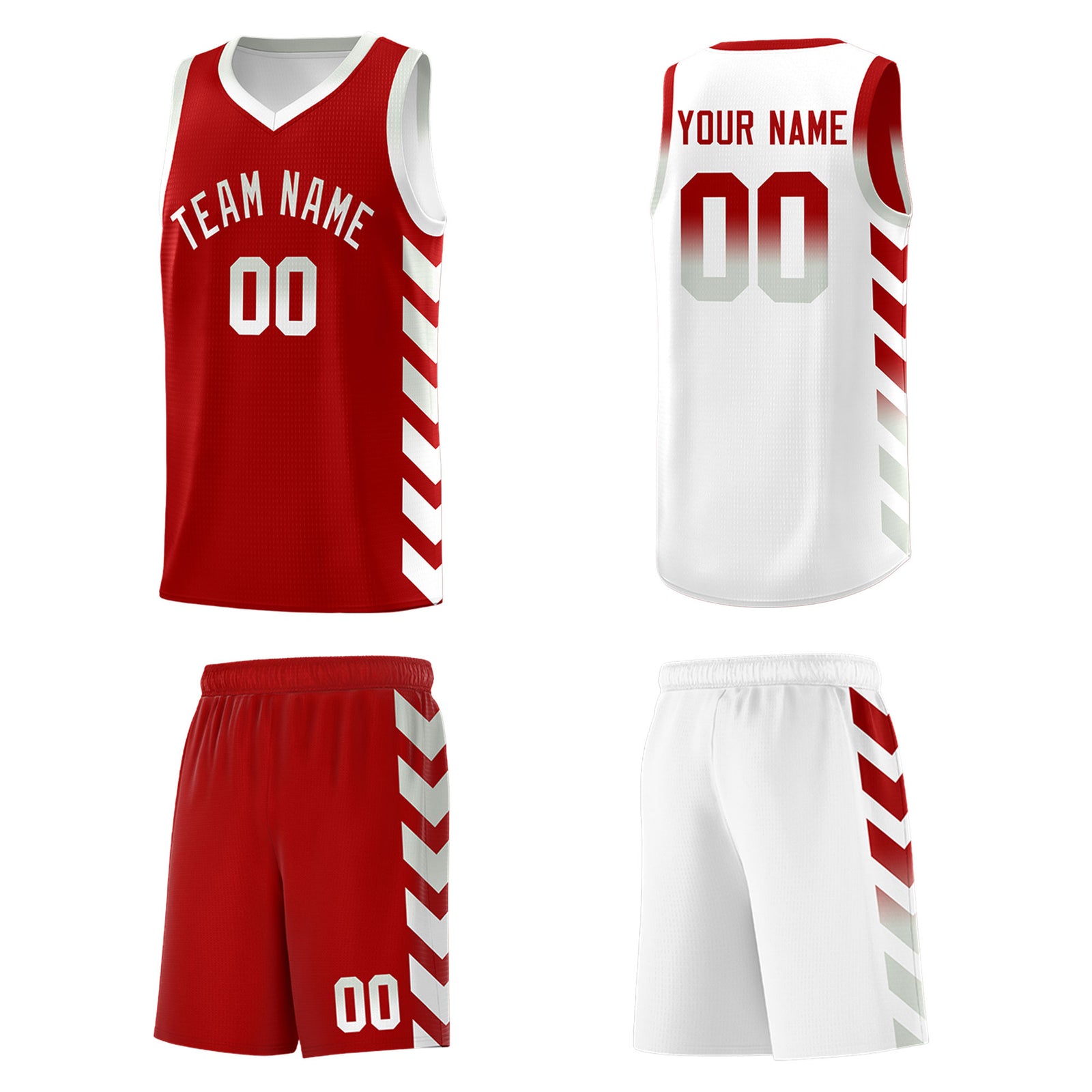 Custom White Red Reversible Basketball Jersey Kits - Side Arrow Red Gray Gradient