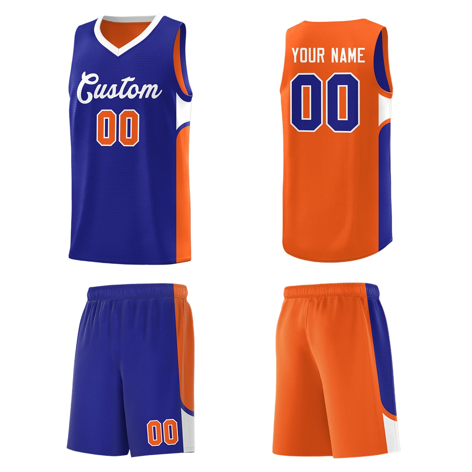 Custom Royal Orange Side U-shaped Patttern Double Side Sports Uniform Basketball Jersey