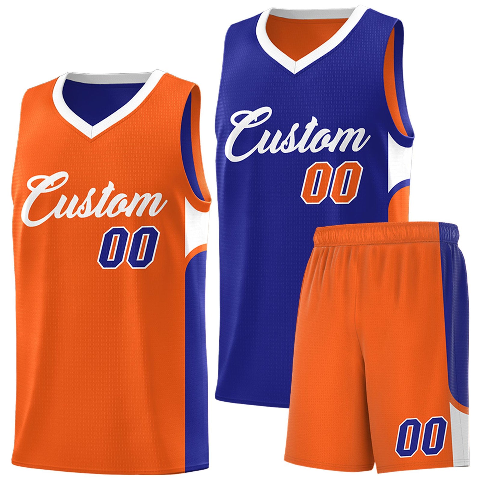 Custom Royal Orange Side U-shaped Patttern Double Side Sports Uniform Basketball Jersey