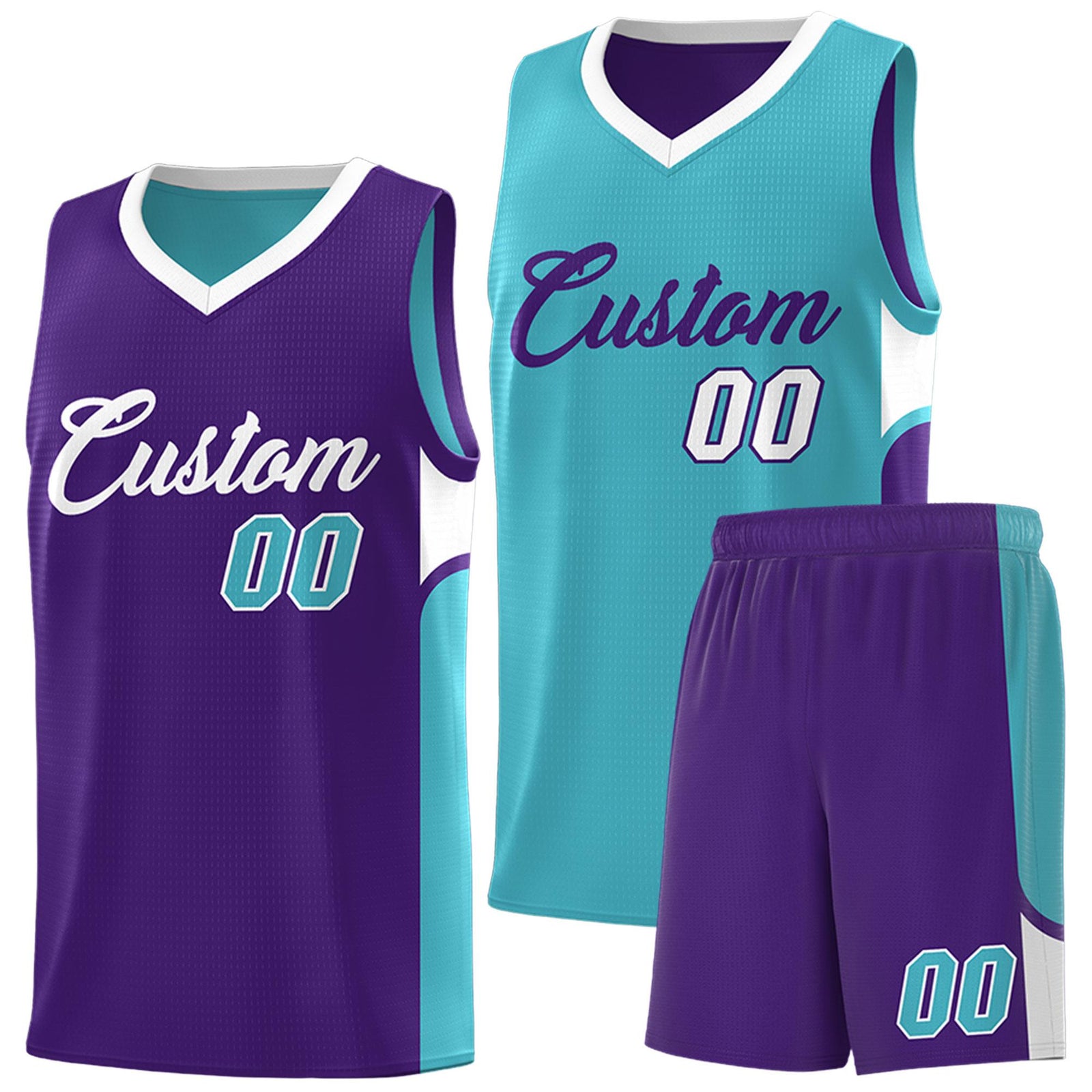 Custom Sky Blue Purple Side U-shaped Patttern Double Side Sports Uniform Basketball Jersey
