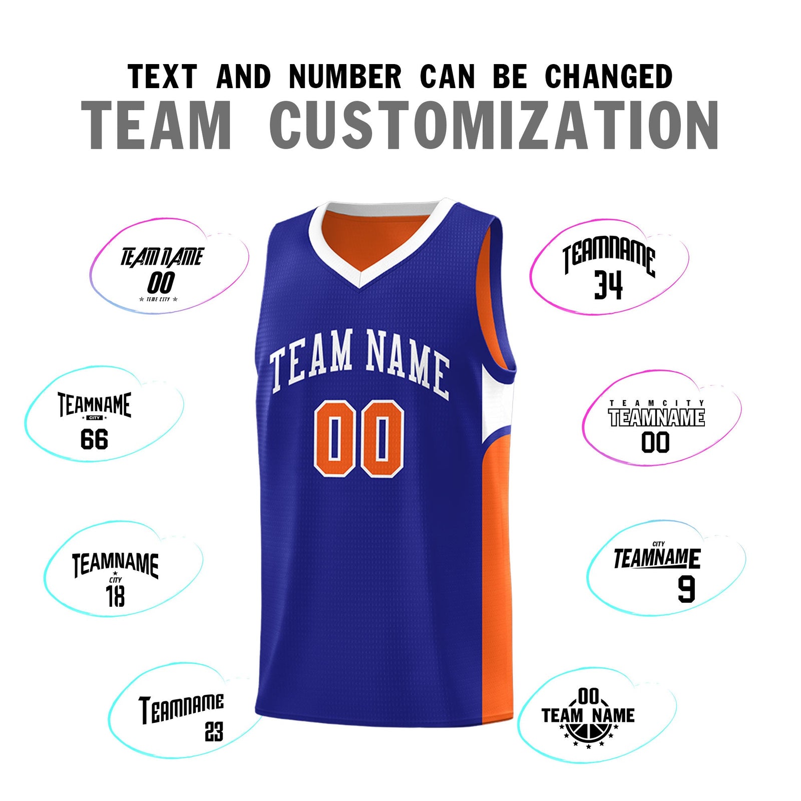 Custom Royal Orange Side U-shaped Patttern Double Side Sports Uniform Basketball Jersey