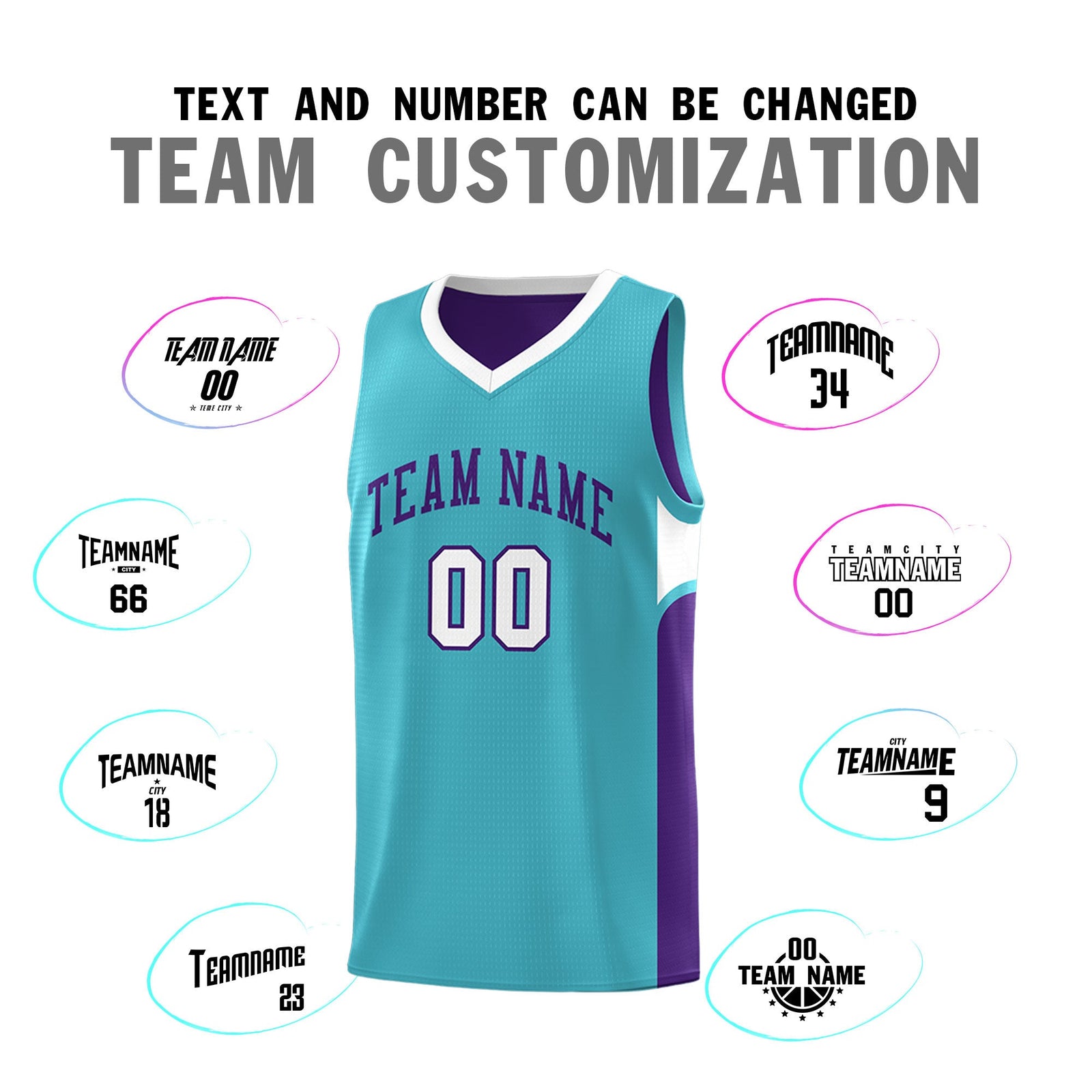 Custom Sky Blue Purple Side U-shaped Patttern Double Side Sports Uniform Basketball Jersey