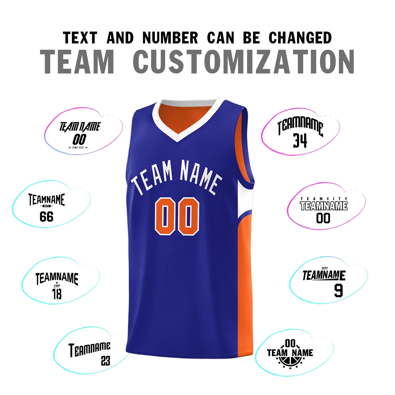 Custom Royal Orange Side U-shaped Patttern Double Side Sports Uniform Basketball Jersey