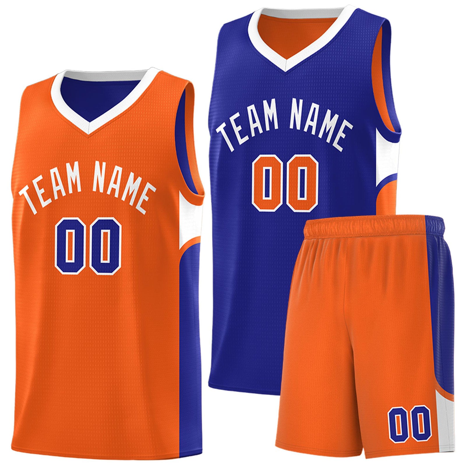 Custom Royal Orange Side U-shaped Patttern Double Side Sports Uniform Basketball Jersey