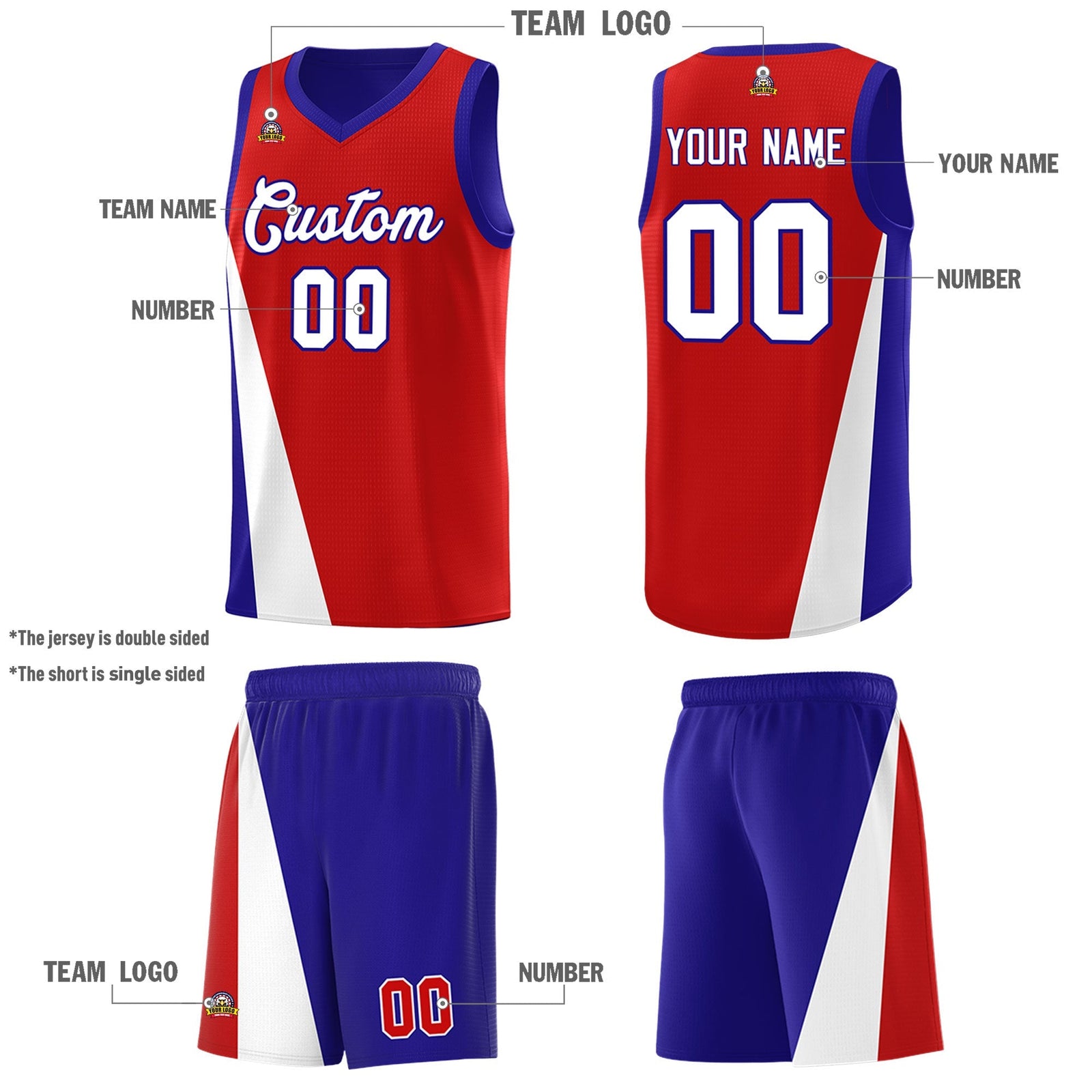 Custom Red Royal Slanting Two Lines Color Block Sports Uniform Basketball Jersey