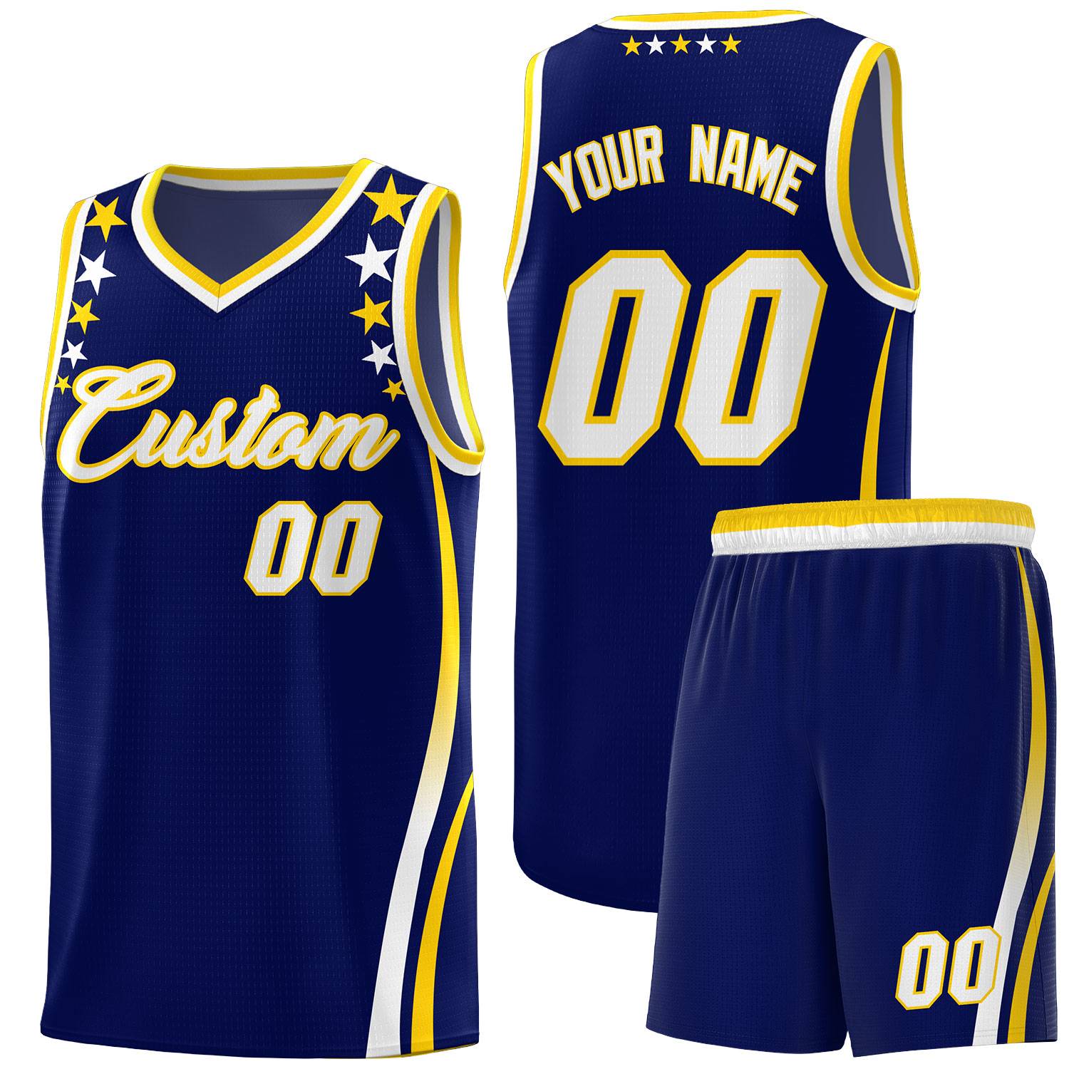Custom Navy Shoulders Star Pattern Side Color Block Sports Uniform Basketball Kits