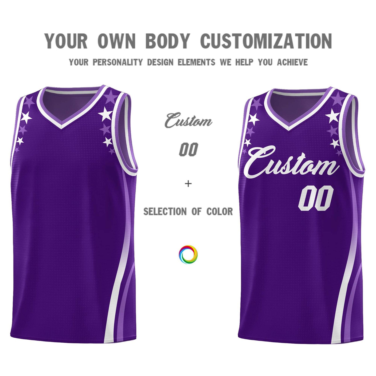 Custom Purple Shoulders Star Pattern Side Color Block Sports Uniform Basketball Kits