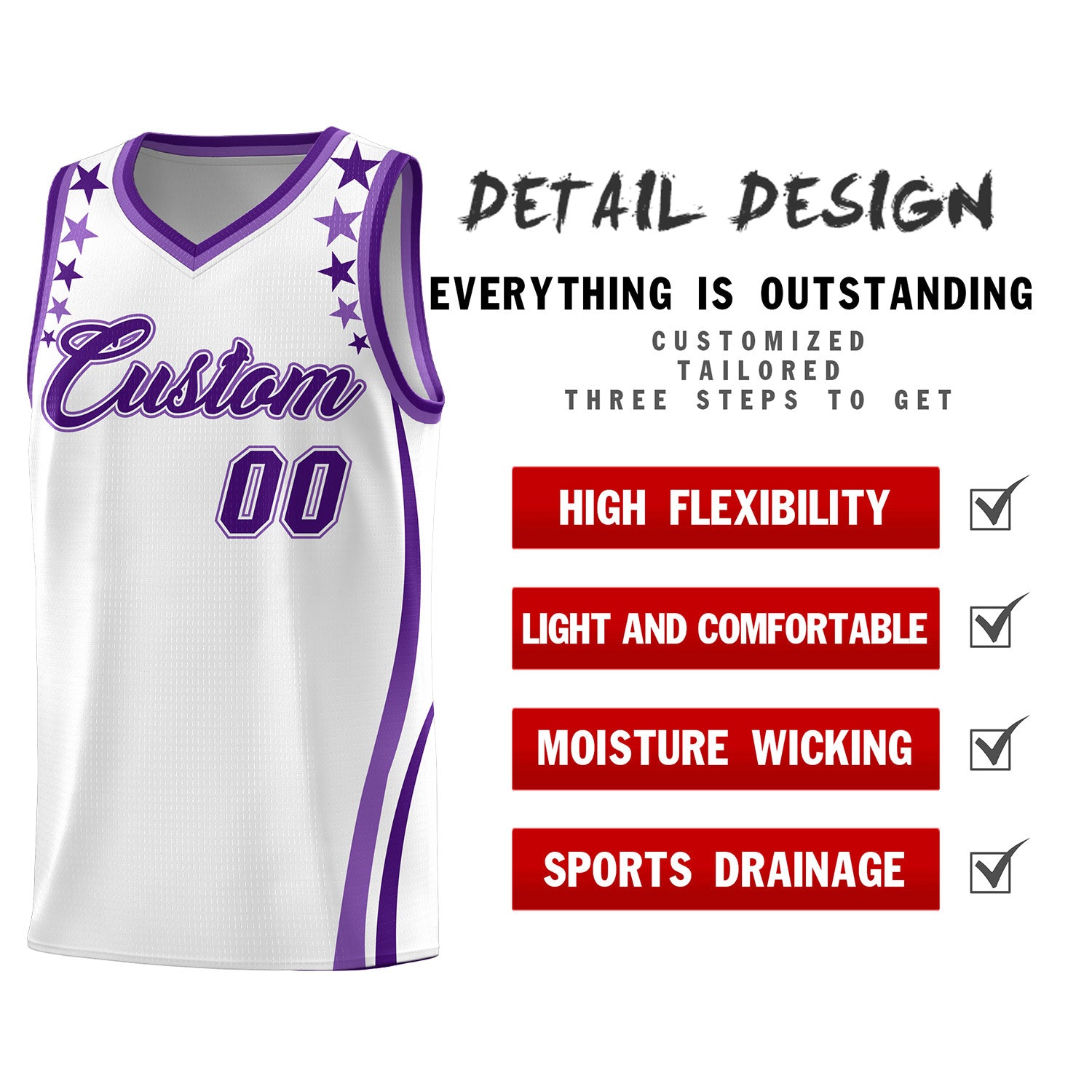 Custom White Shoulders Star Pattern Side Color Block Sports Uniform Basketball Kits