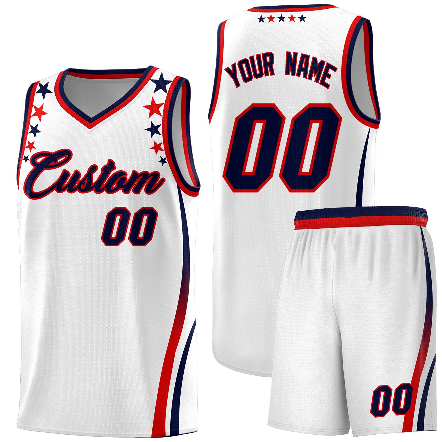 Custom White Shoulders Star Pattern Side Color Block Sports Uniform Basketball Kits