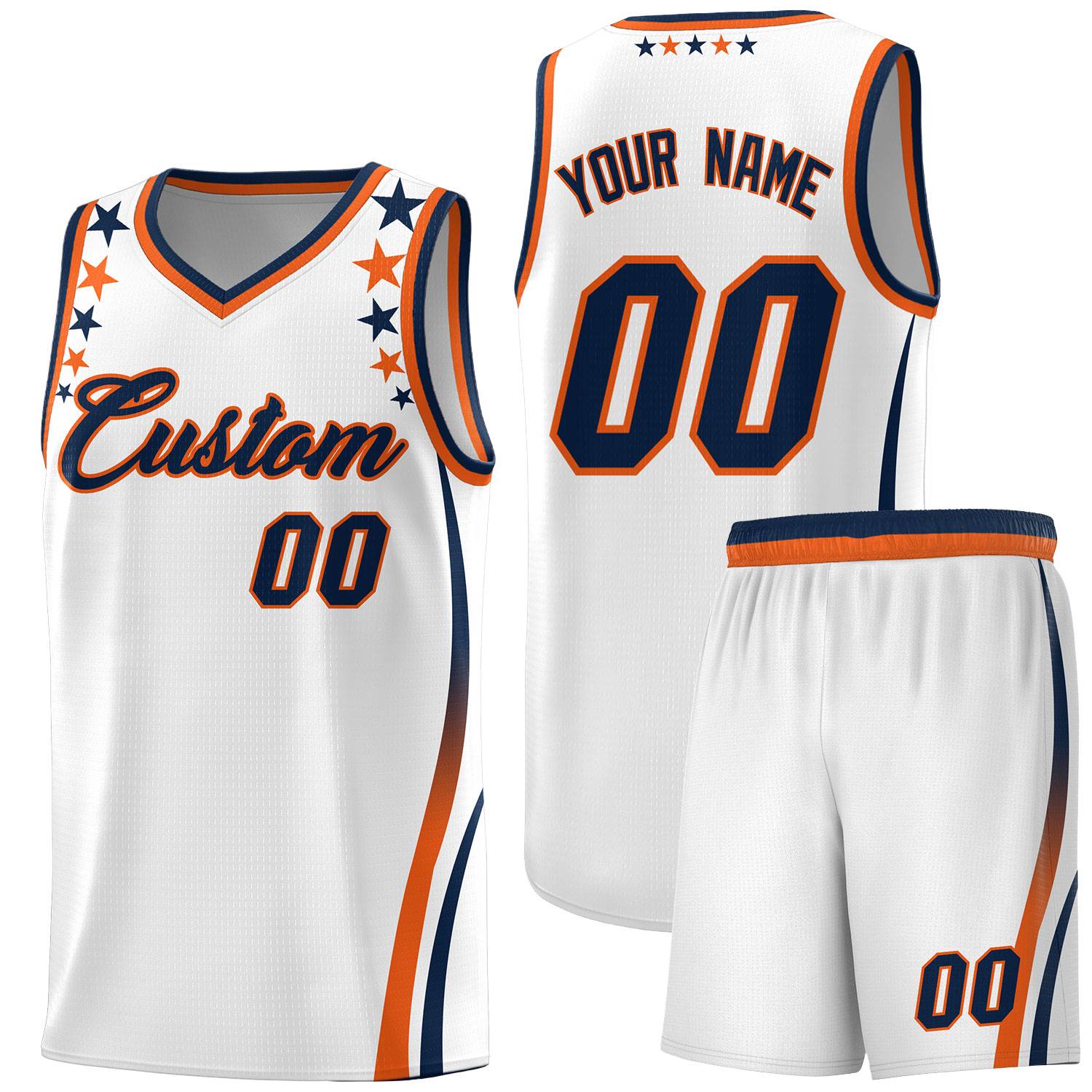 Custom White Shoulders Star Pattern Side Color Block Sports Uniform Basketball Kits