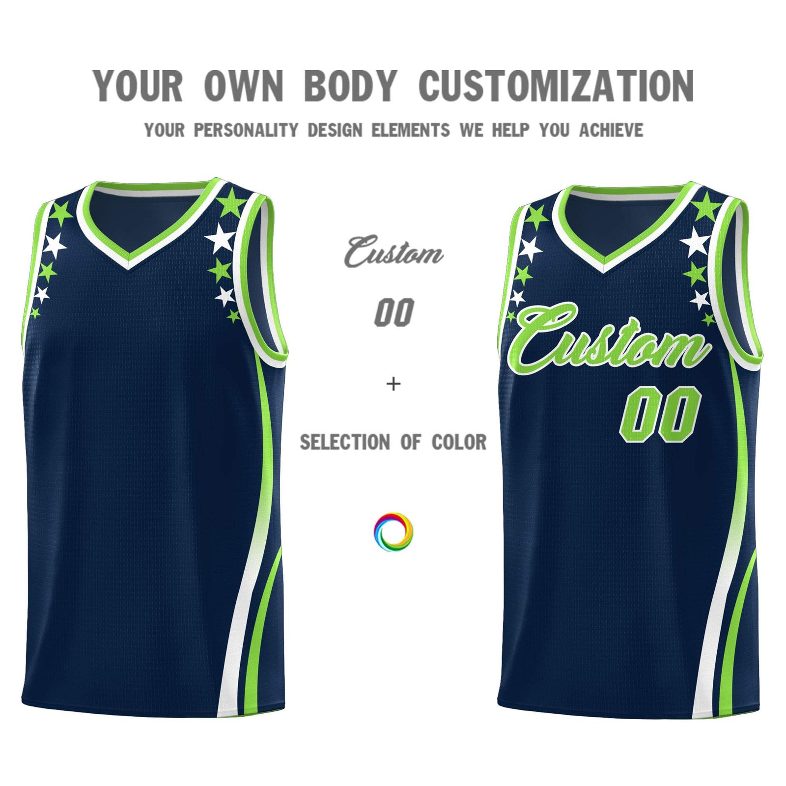 Custom Navy Shoulders Star Pattern Side Color Block Sports Uniform Basketball Kits
