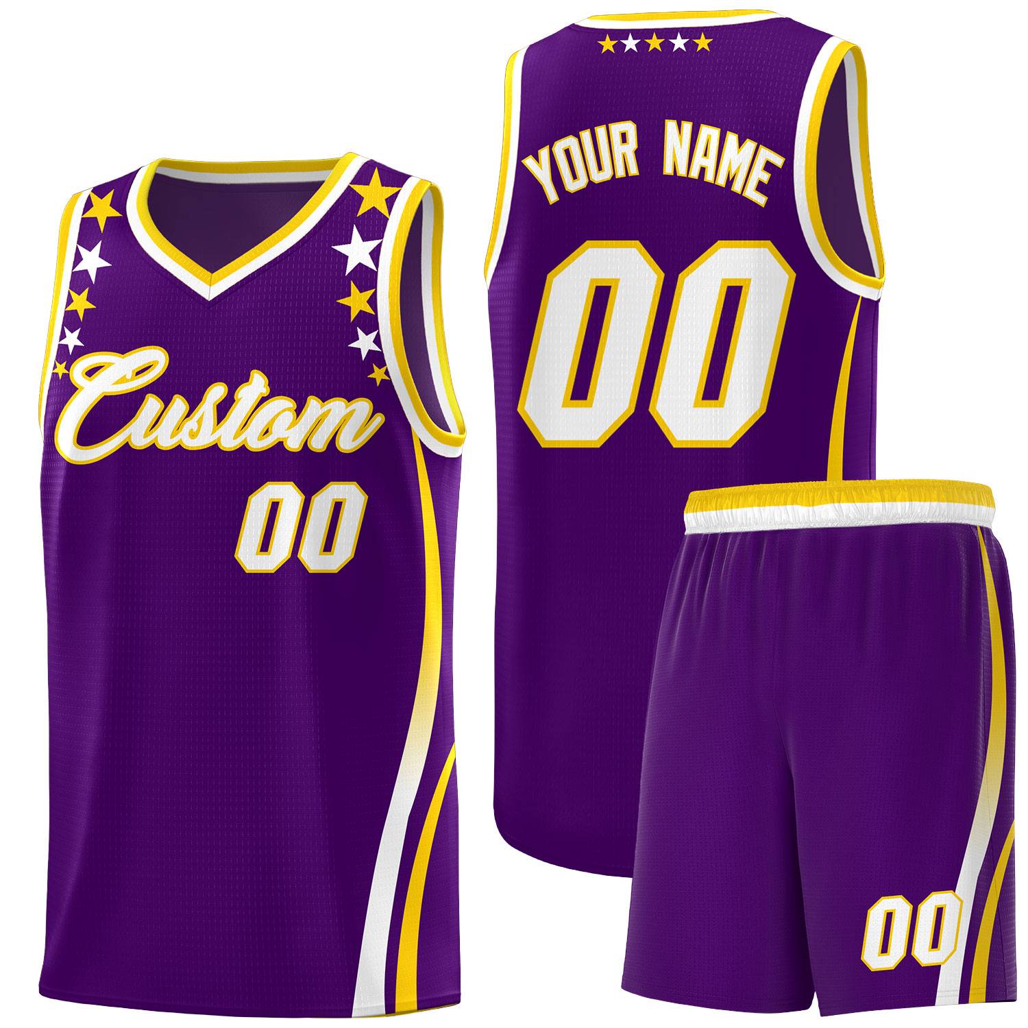 Custom Purple Shoulders Star Pattern Side Color Block Sports Uniform Basketball Kits