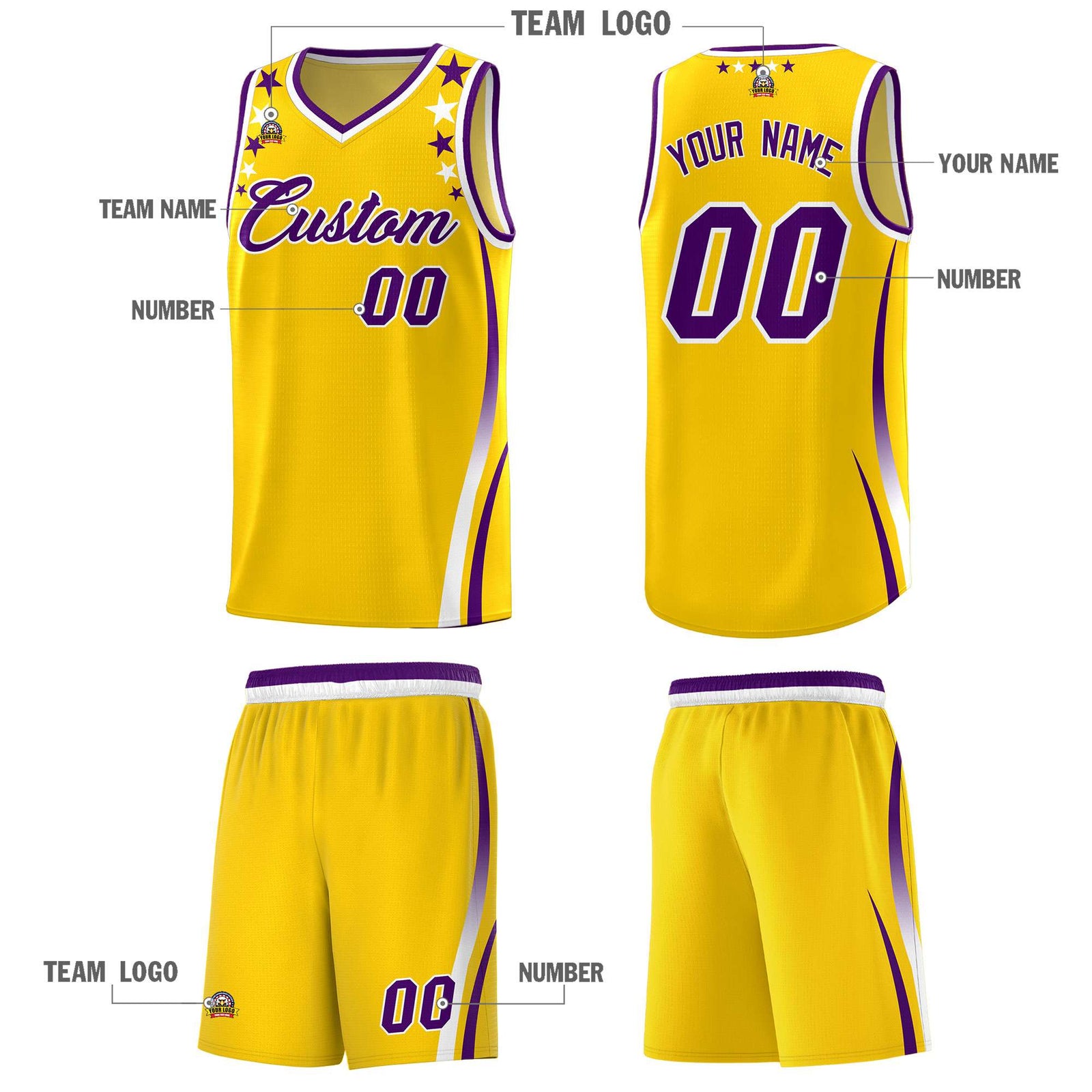Custom Gold Shoulders Star Pattern Side Color Block Sports Uniform Basketball Kits