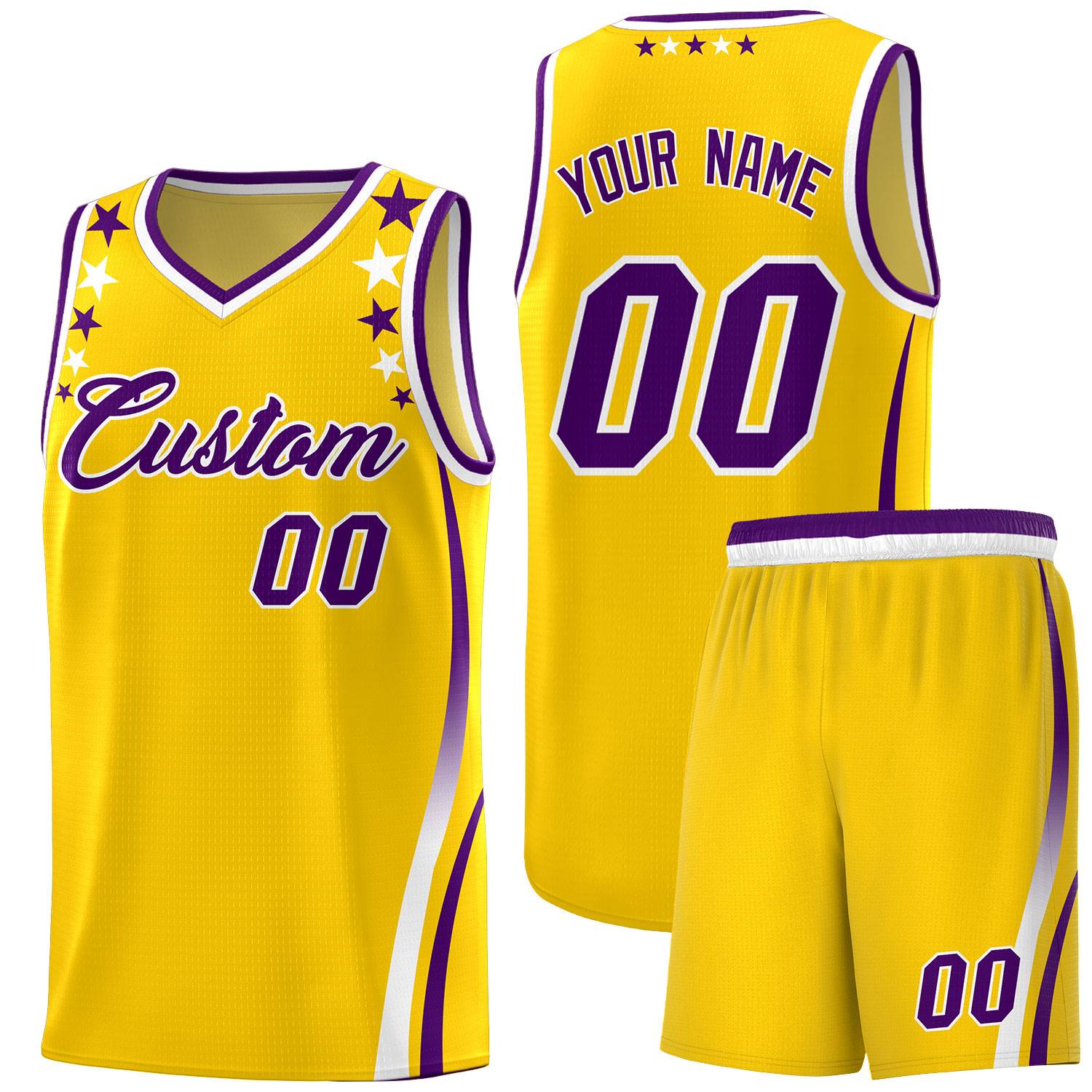 Custom Gold Shoulders Star Pattern Side Color Block Sports Uniform Basketball Kits