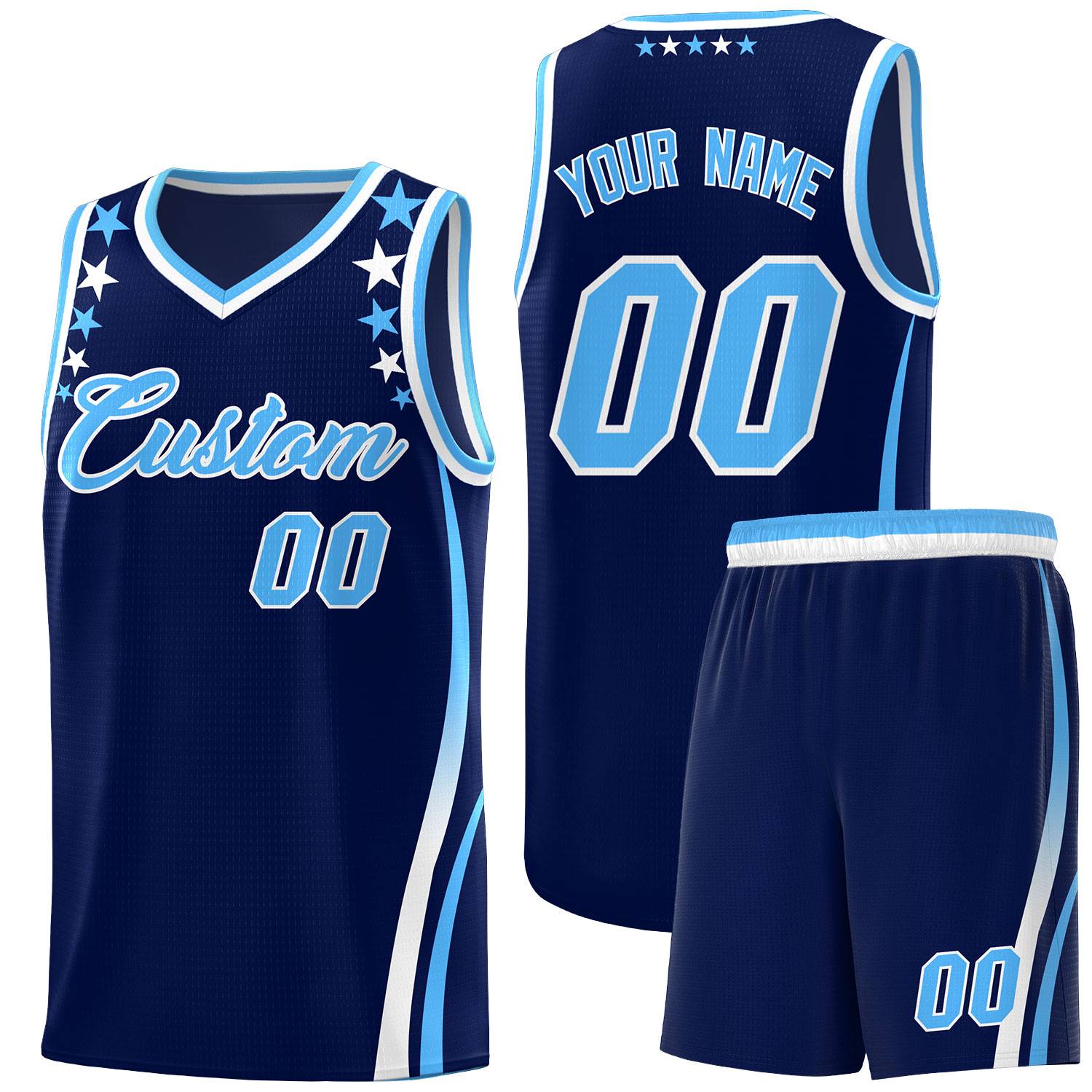Custom Navy Shoulders Star Pattern Side Color Block Sports Uniform Basketball Kits