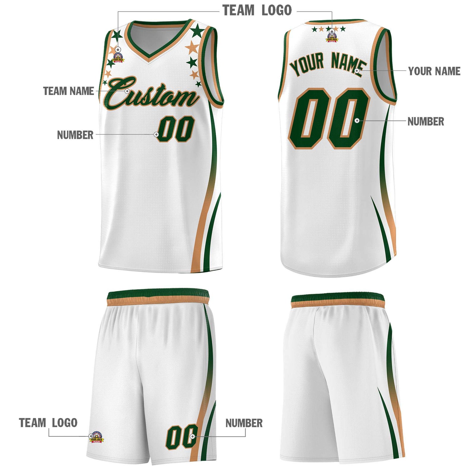 Custom White Shoulders Star Pattern Side Color Block Sports Uniform Basketball Kits