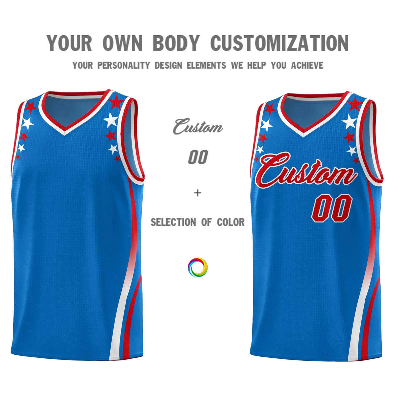 Custom Royal Shoulders Star Pattern Side Color Block Sports Uniform Basketball Kits