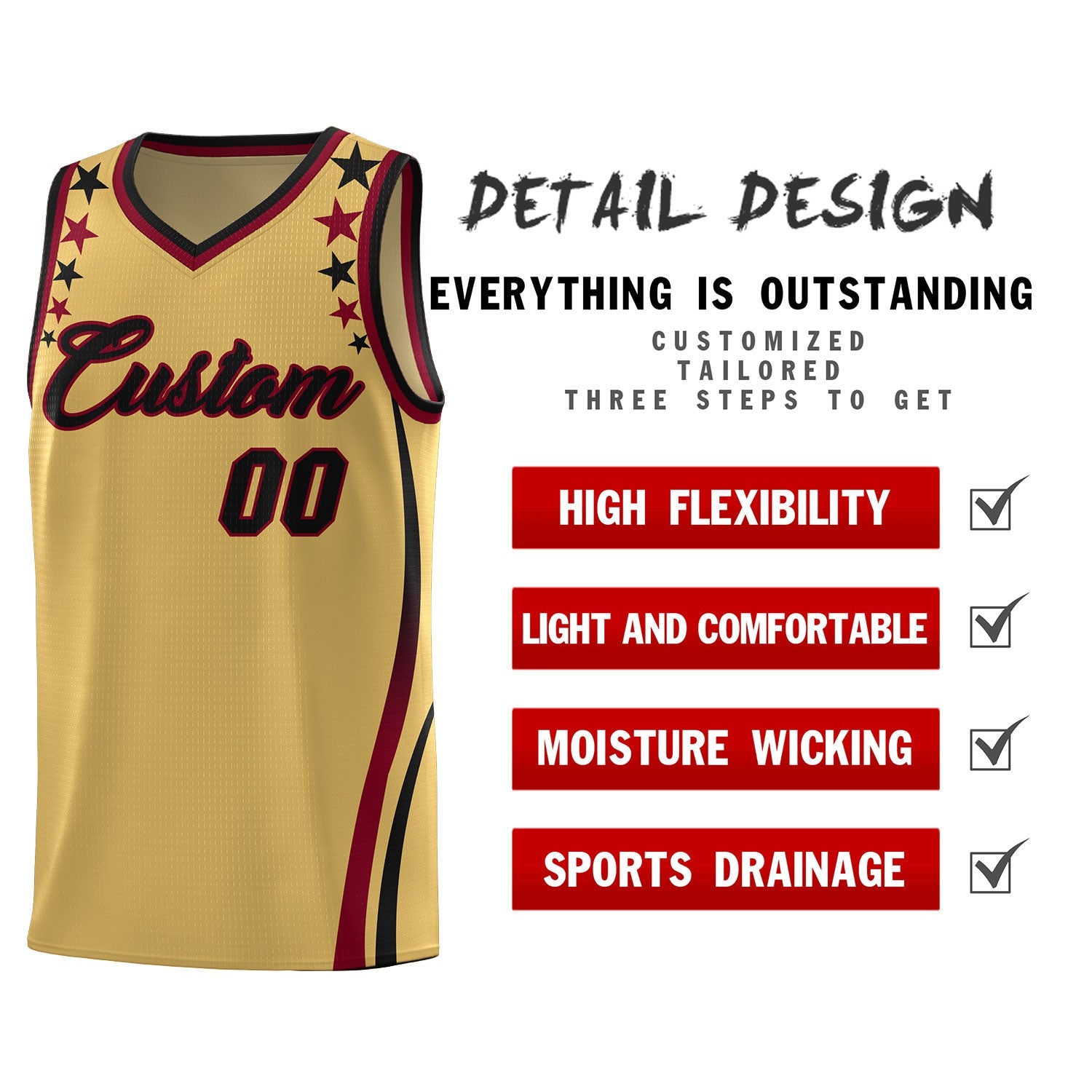 Custom Old Gold Shoulders Star Pattern Side Color Block Sports Uniform Basketball Kits