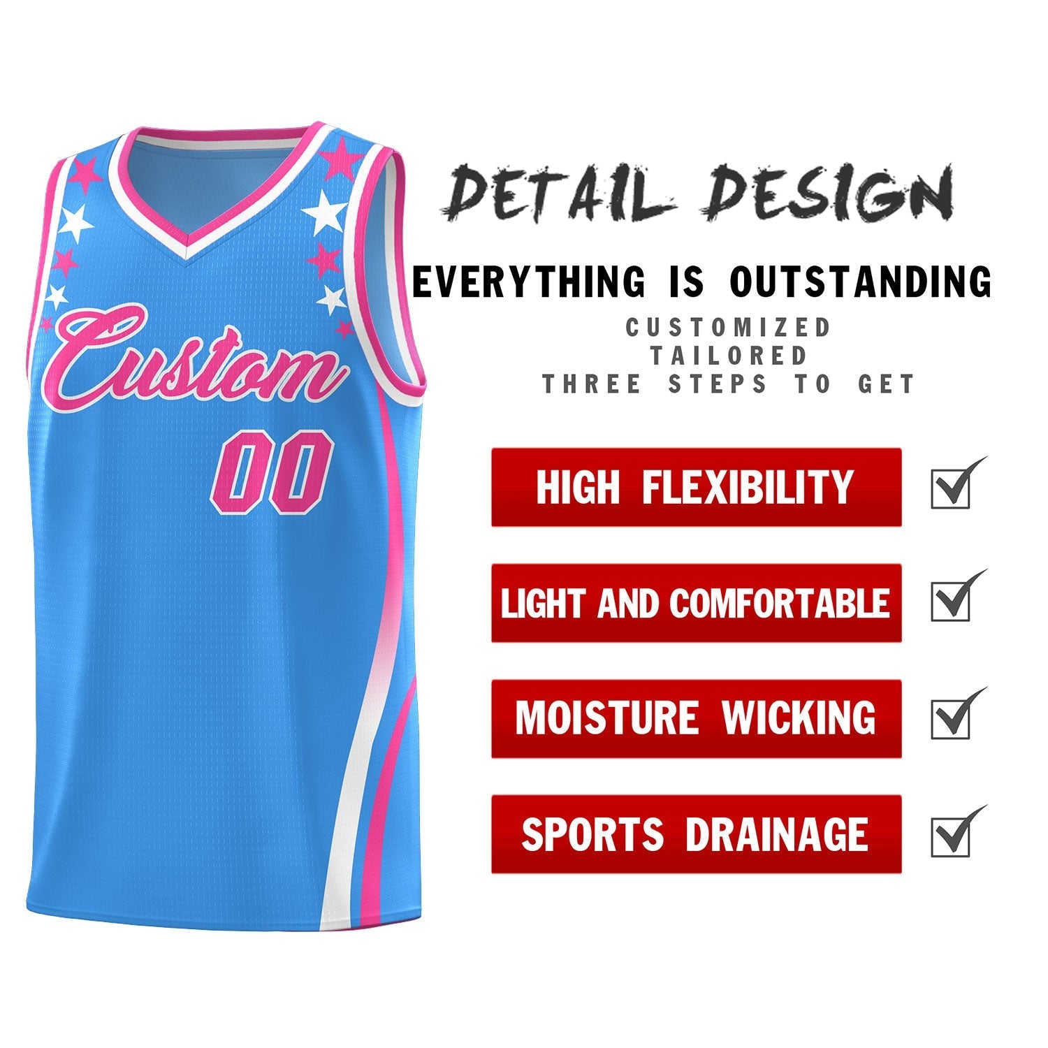 Custom Light Blue Shoulders Star Pattern Side Color Block Sports Uniform Basketball Kits