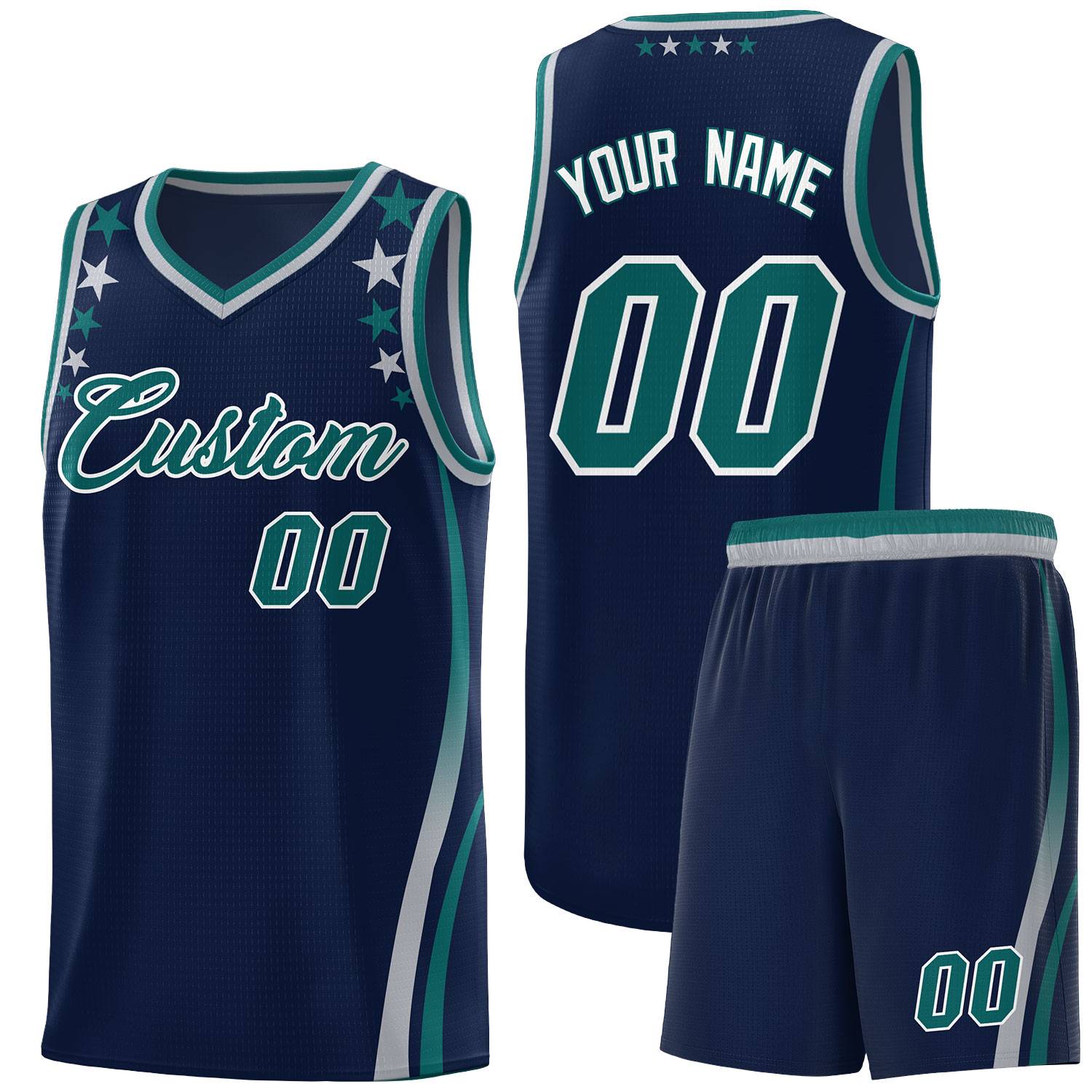 Custom Navy Shoulders Star Pattern Side Color Block Sports Uniform Basketball Kits