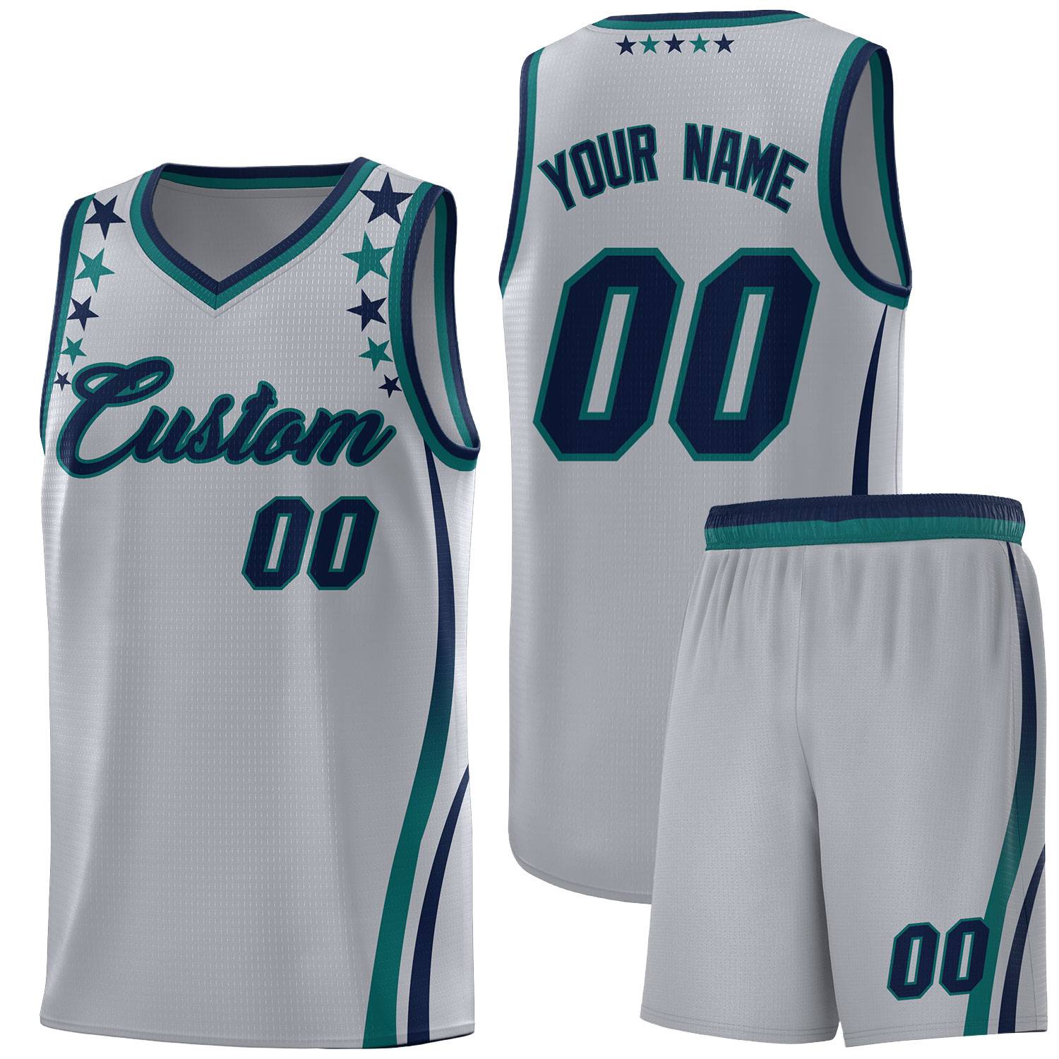 Custom Gray Shoulders Star Pattern Side Color Block Sports Uniform Basketball Kits