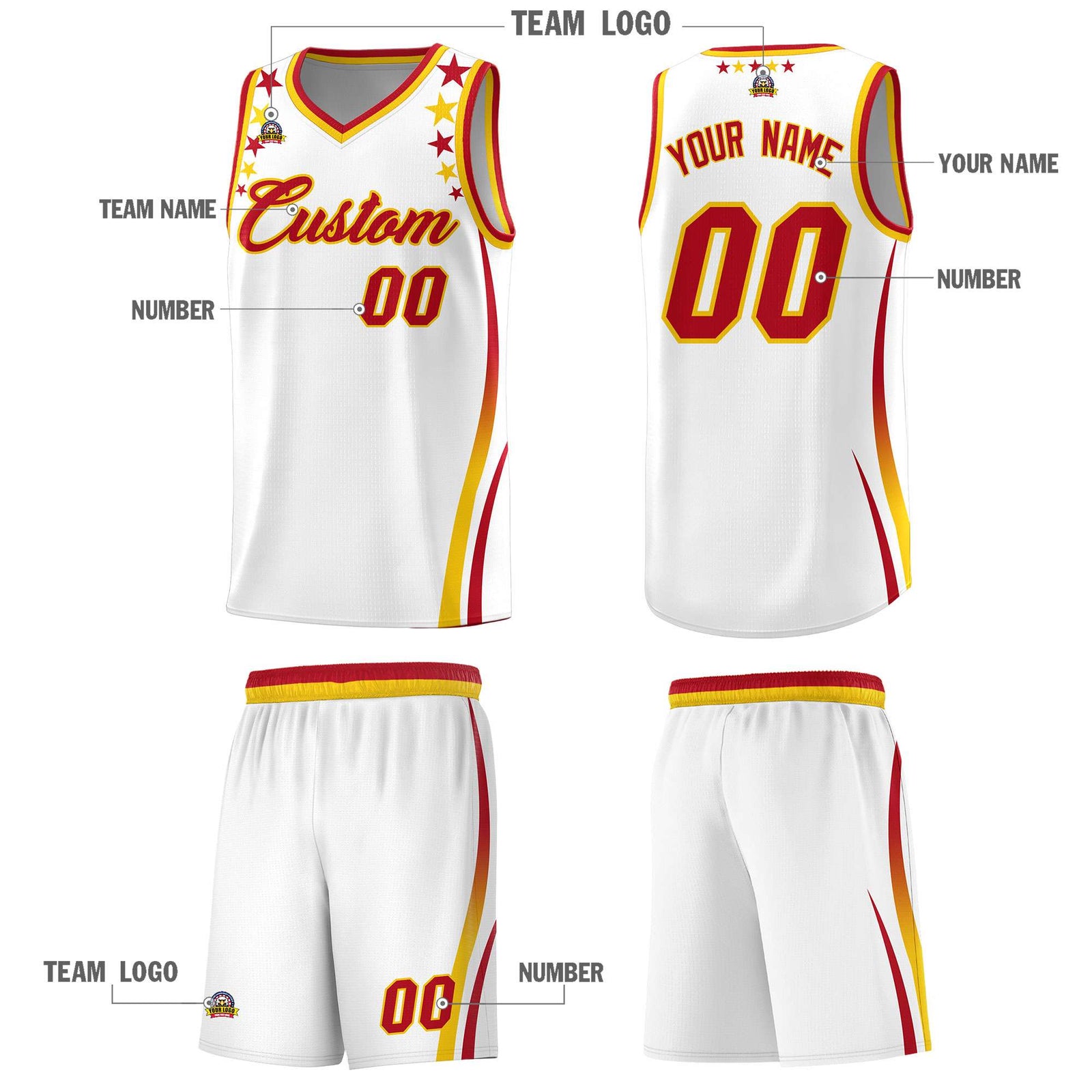 Custom White Shoulders Star Pattern Side Color Block Sports Uniform Basketball Kits
