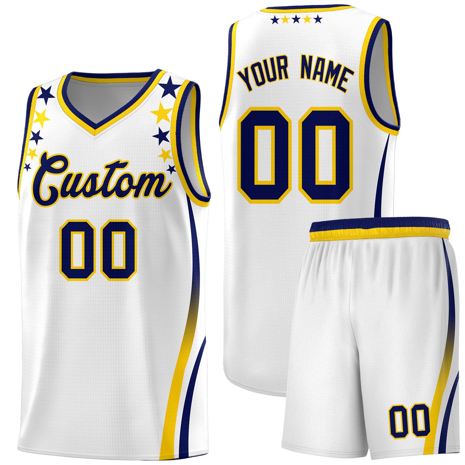 Custom White Shoulders Star Pattern Side Color Block Sports Uniform Basketball Kits
