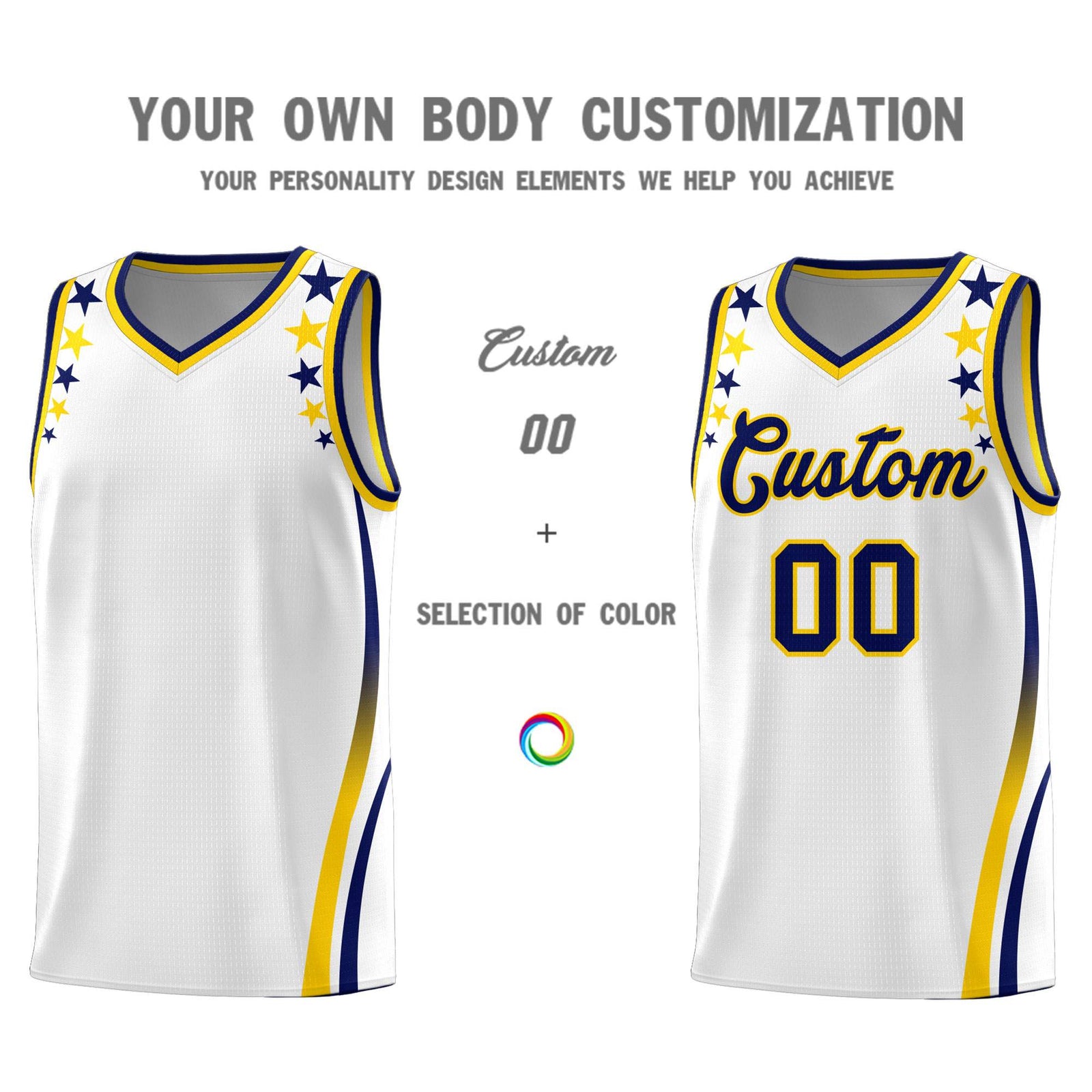 Custom White Shoulders Star Pattern Side Color Block Sports Uniform Basketball Kits
