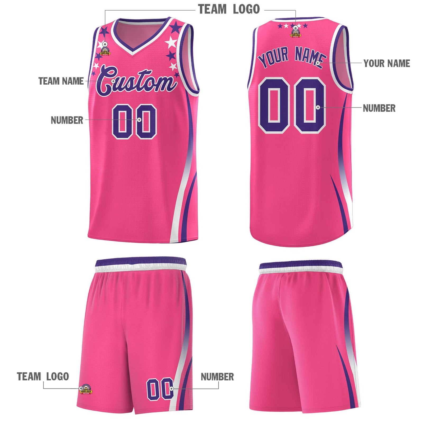 Custom Pink Shoulders Star Pattern Side Color Block Sports Uniform Basketball Kits