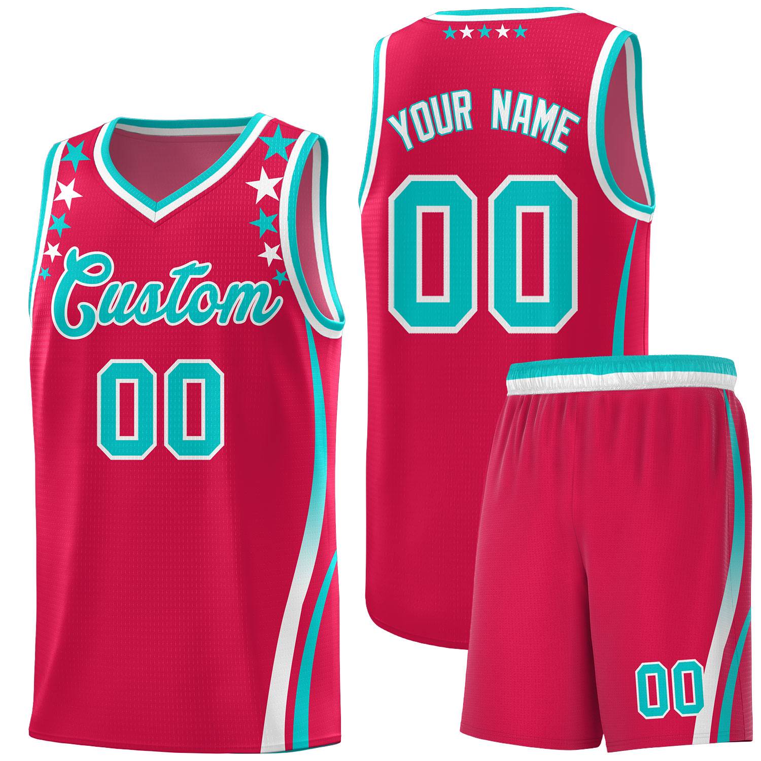 Custom Red Shoulders Star Pattern Side Color Block Sports Uniform Basketball Kits