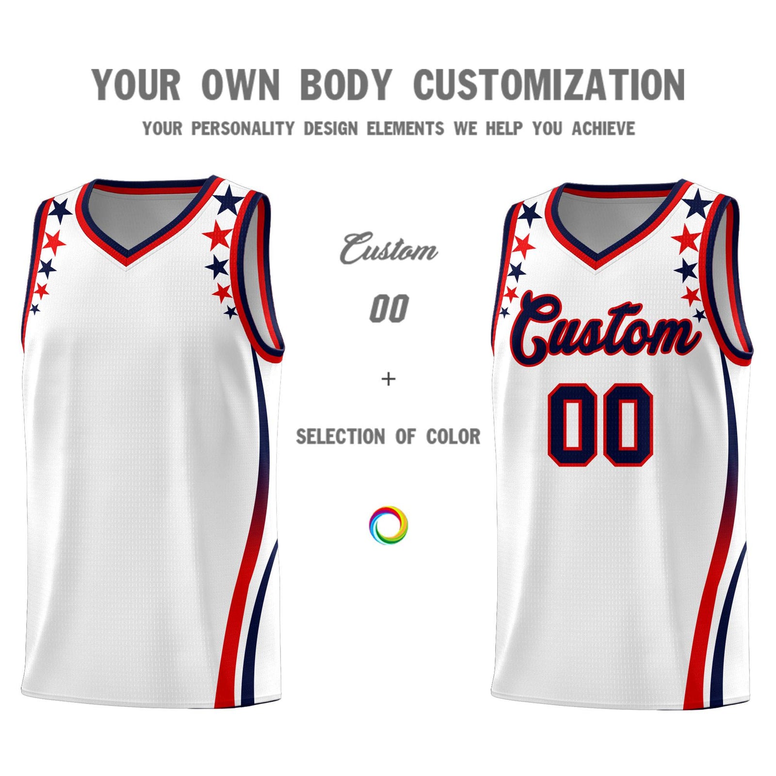 Custom White Shoulders Star Pattern Side Color Block Sports Uniform Basketball Kits