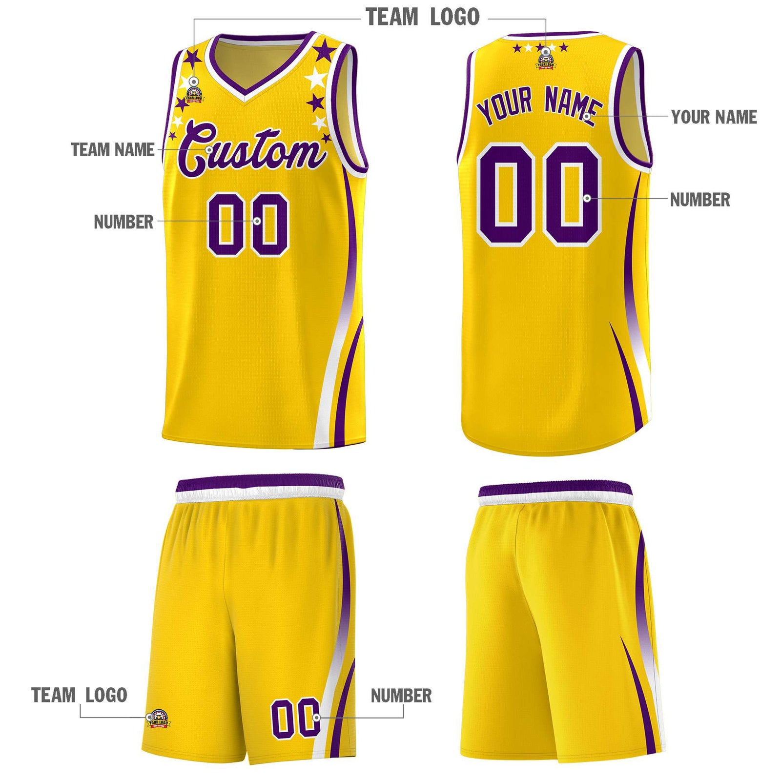 Custom Gold Shoulders Star Pattern Side Color Block Sports Uniform Basketball Kits