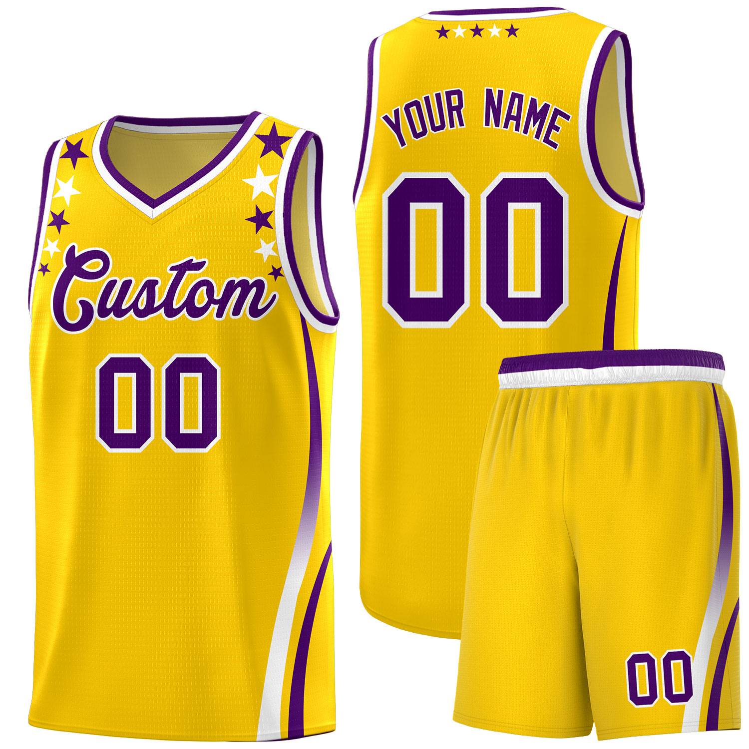 Custom Gold Shoulders Star Pattern Side Color Block Sports Uniform Basketball Kits