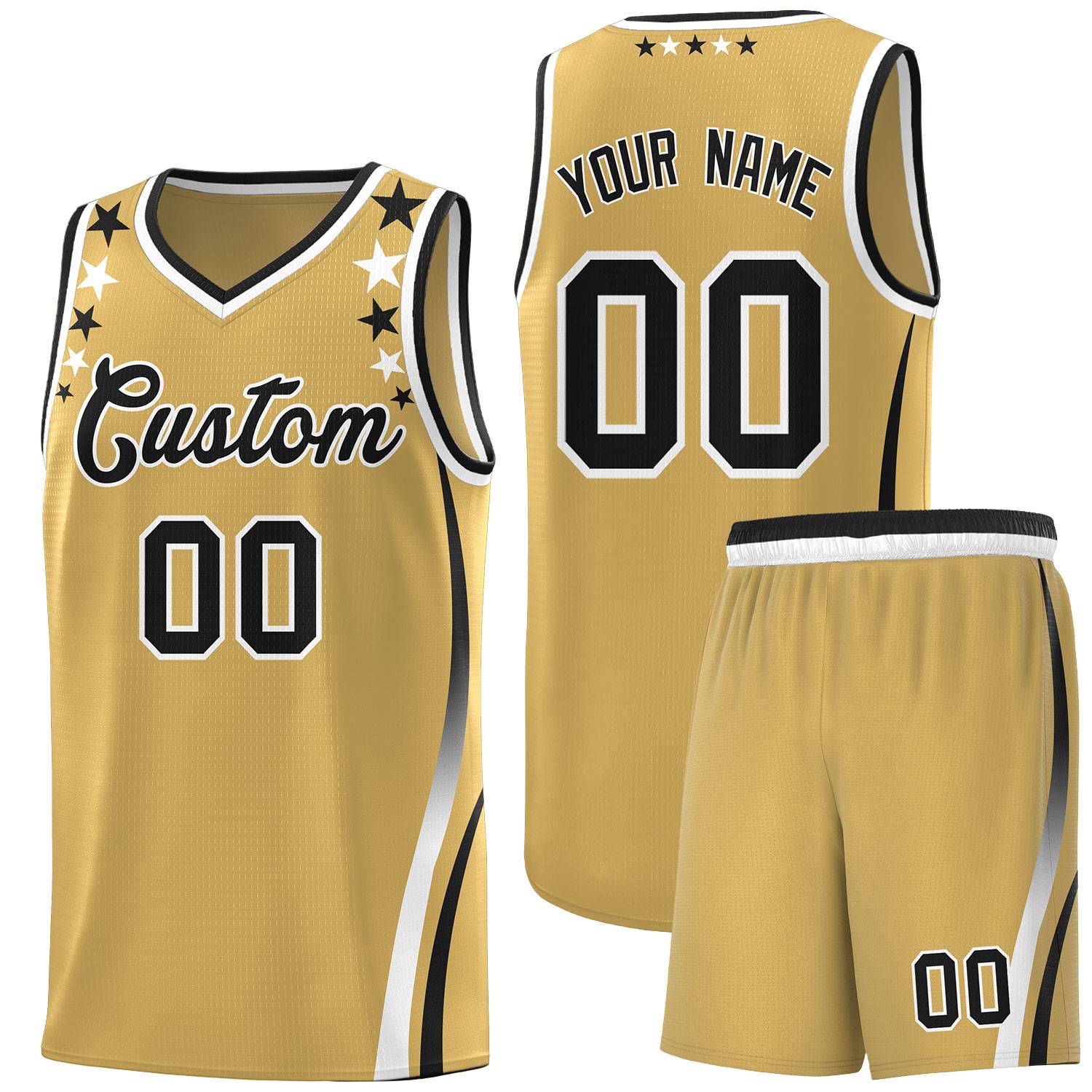 Custom Old Gold Shoulders Star Pattern Side Color Block Sports Uniform Basketball Kits