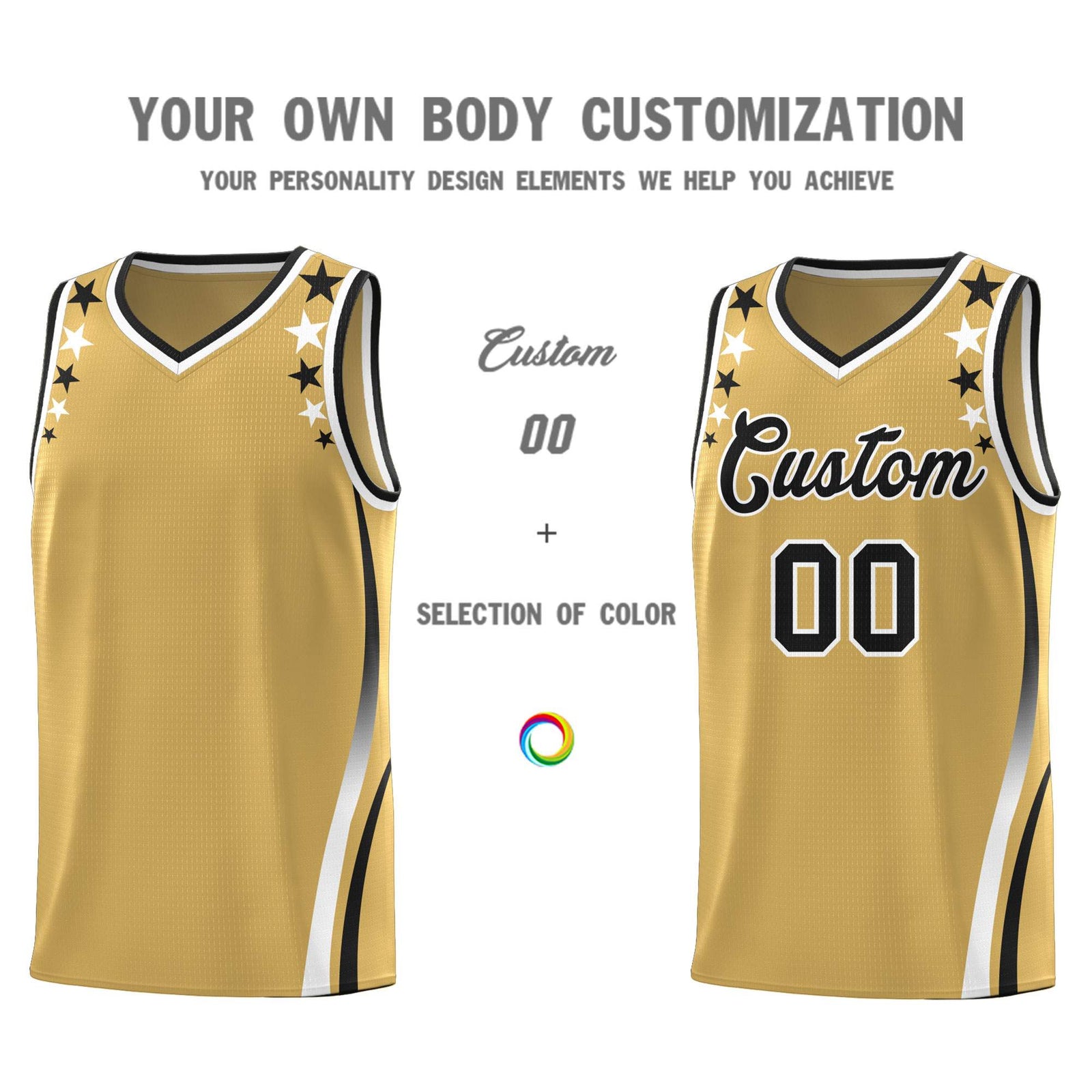 Custom Old Gold Shoulders Star Pattern Side Color Block Sports Uniform Basketball Kits