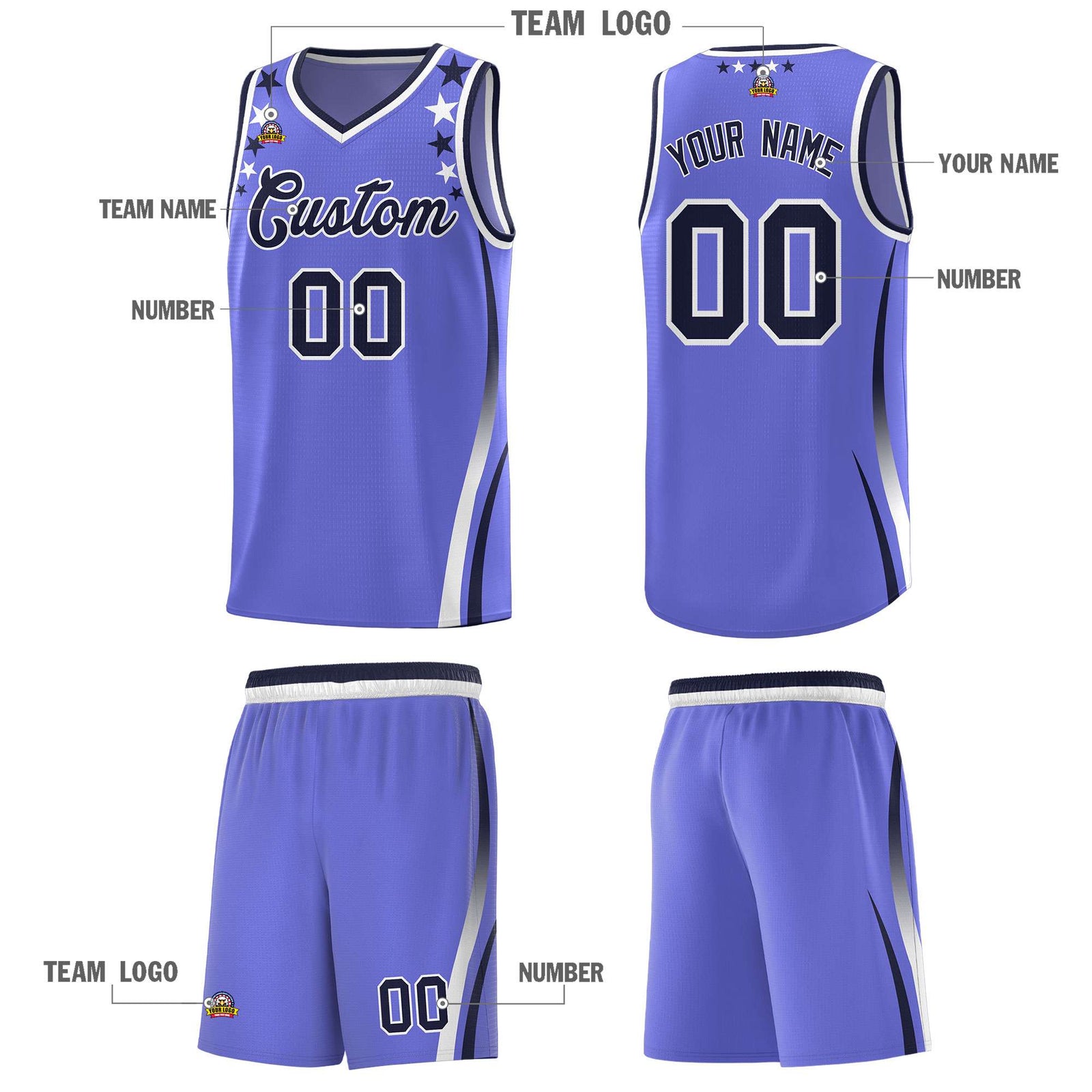 Custom Purple Shoulders Star Pattern Side Color Block Sports Uniform Basketball Kits