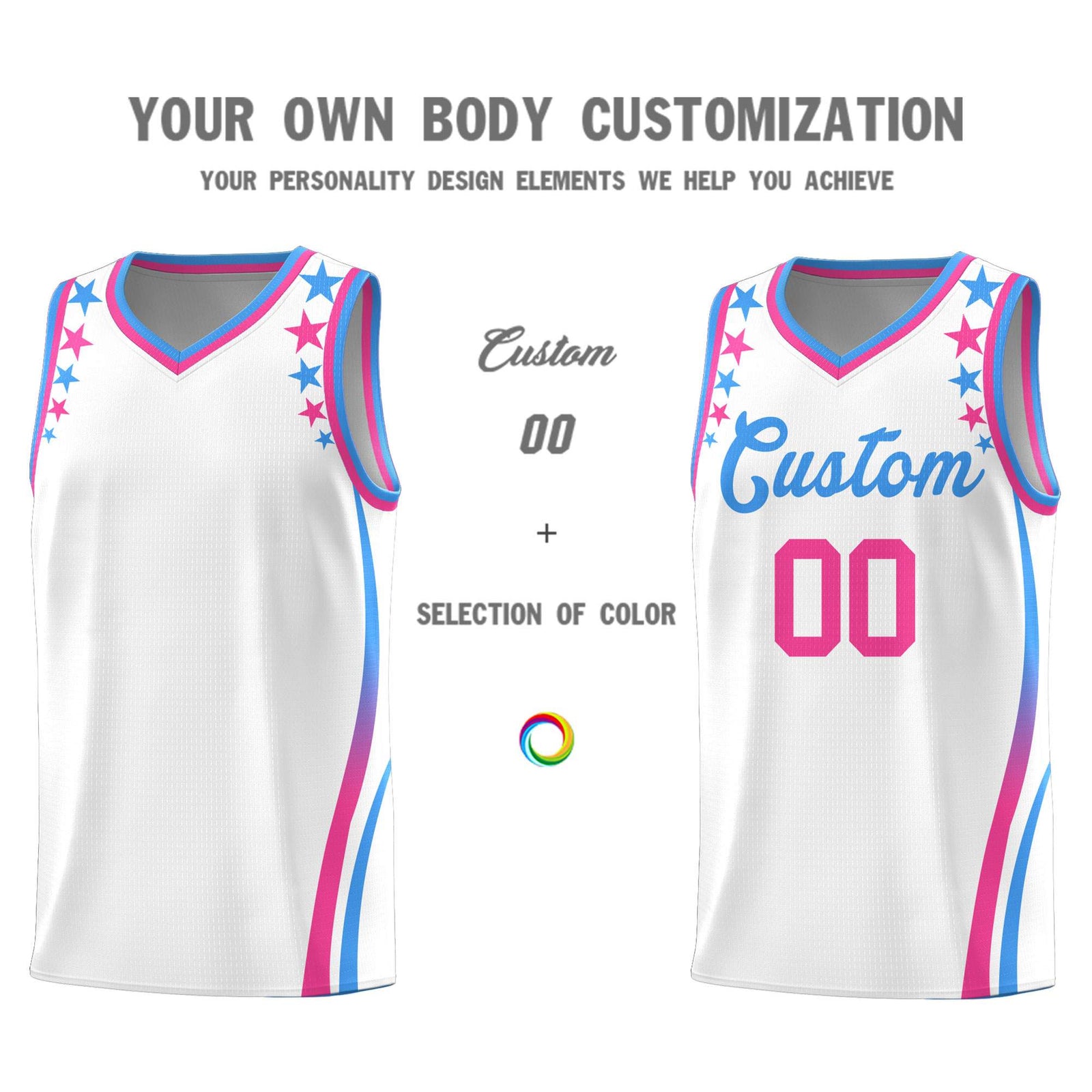 Custom White Shoulders Star Pattern Side Color Block Sports Uniform Basketball Kits
