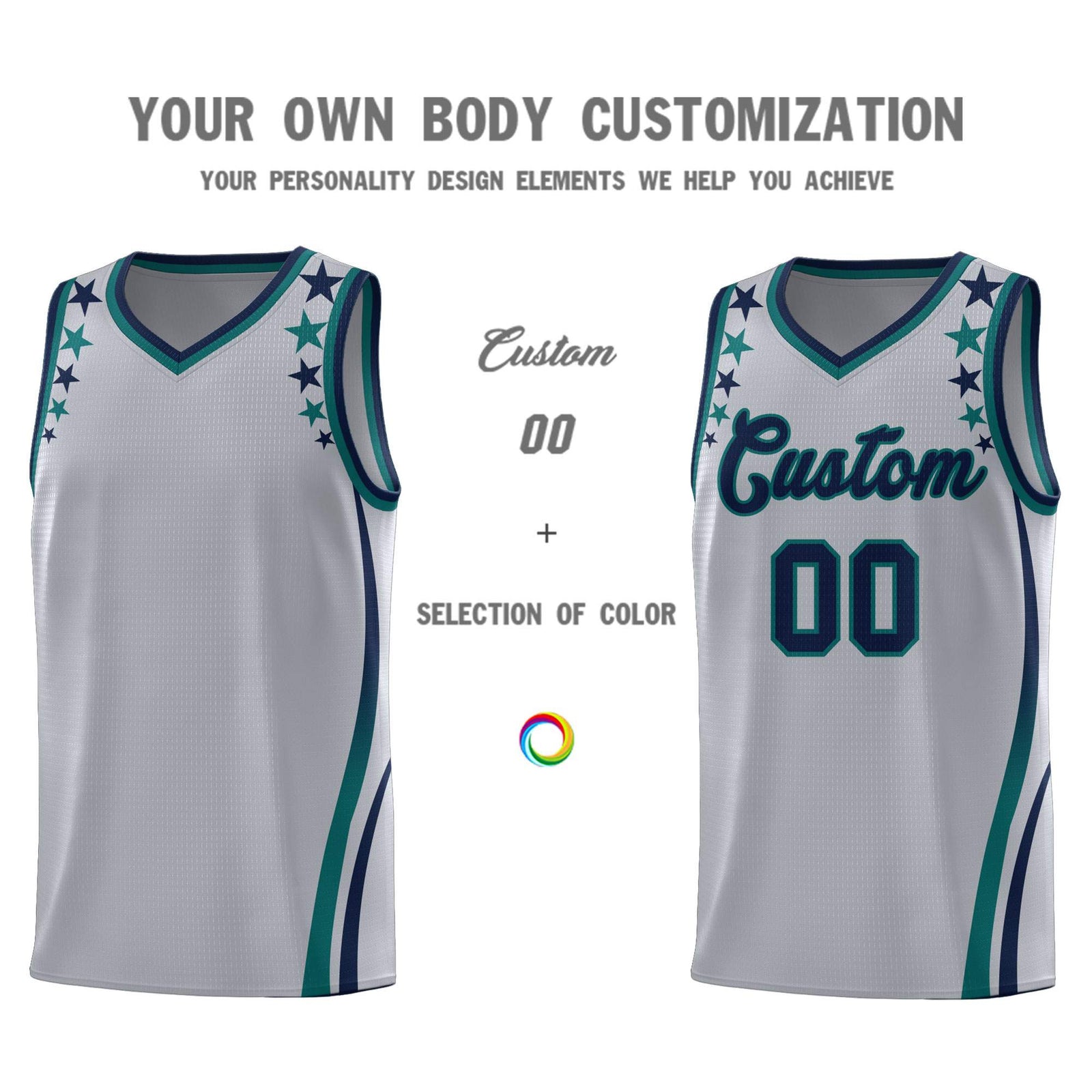 Custom Gray Shoulders Star Pattern Side Color Block Sports Uniform Basketball Kits