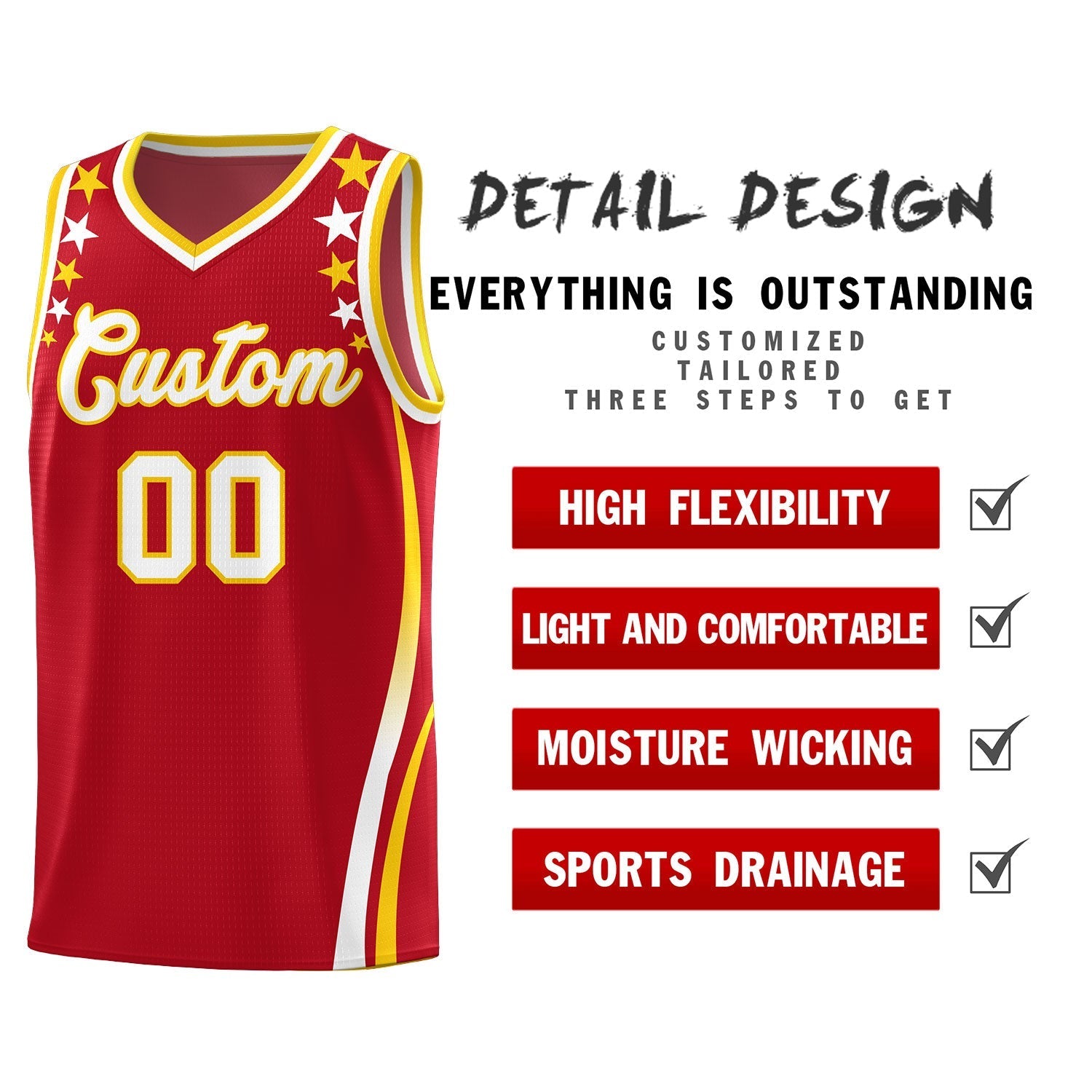 Custom Red Shoulders Star Pattern Side Color Block Sports Uniform Basketball Kits
