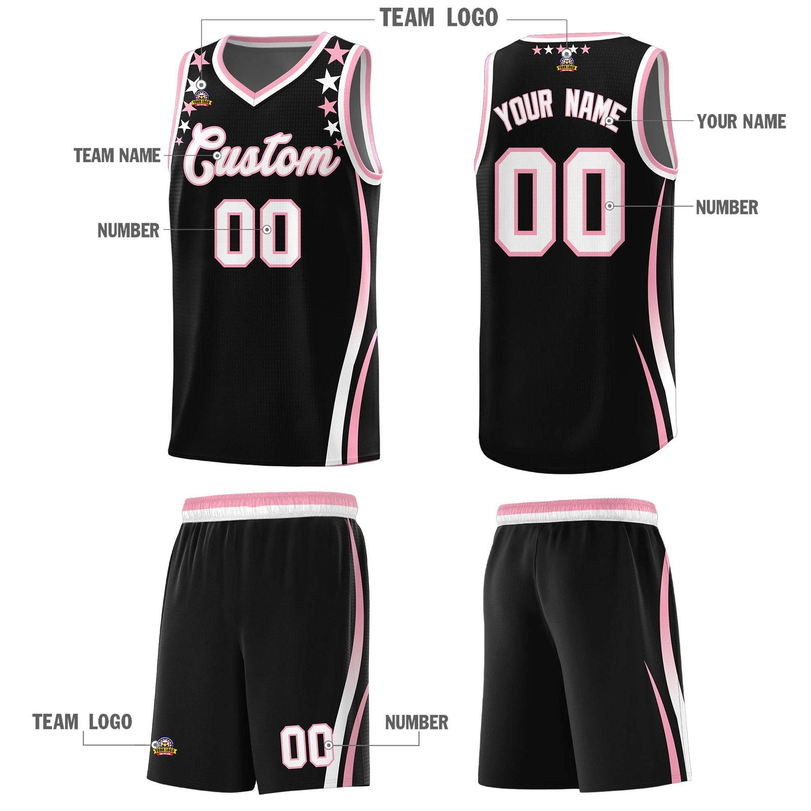 Custom Black Shoulders Star Pattern Side Color Block Sports Uniform Basketball Kits