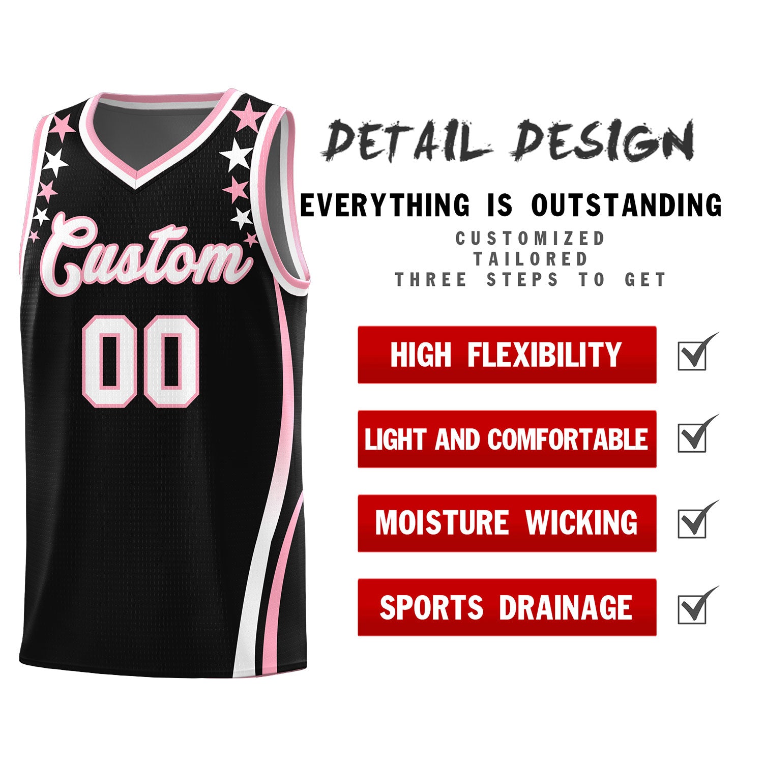 Custom Black Shoulders Star Pattern Side Color Block Sports Uniform Basketball Kits