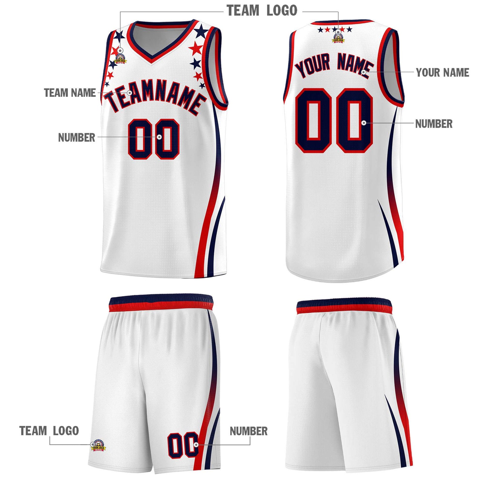 Custom White Shoulders Star Pattern Side Color Block Sports Uniform Basketball Kits