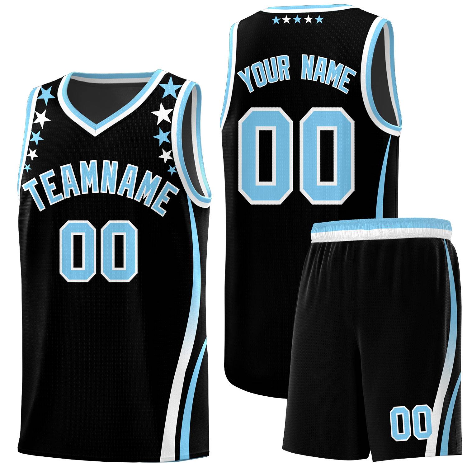 Custom Black Shoulders Star Pattern Side Color Block Sports Uniform Basketball Kits
