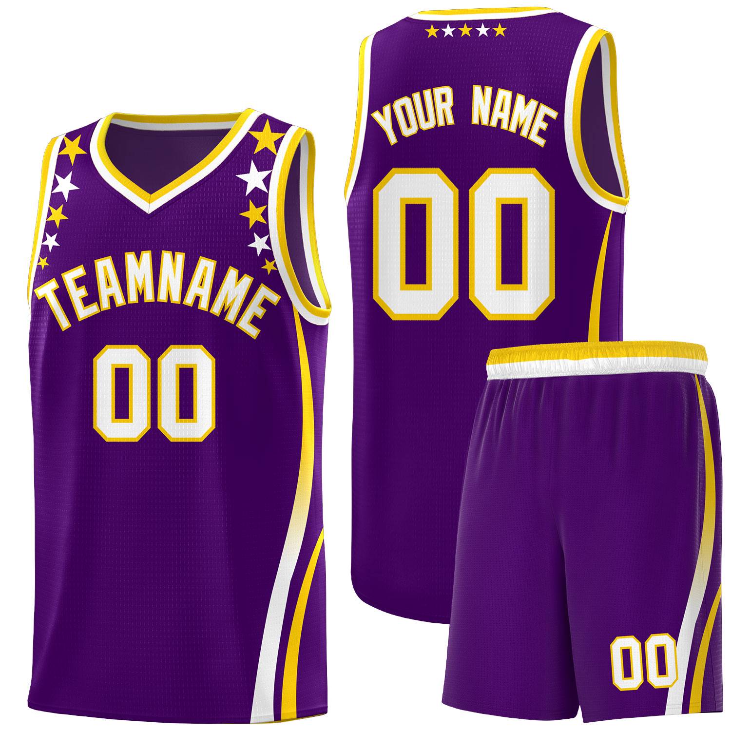 Custom Purple Shoulders Star Pattern Side Color Block Sports Uniform Basketball Kits