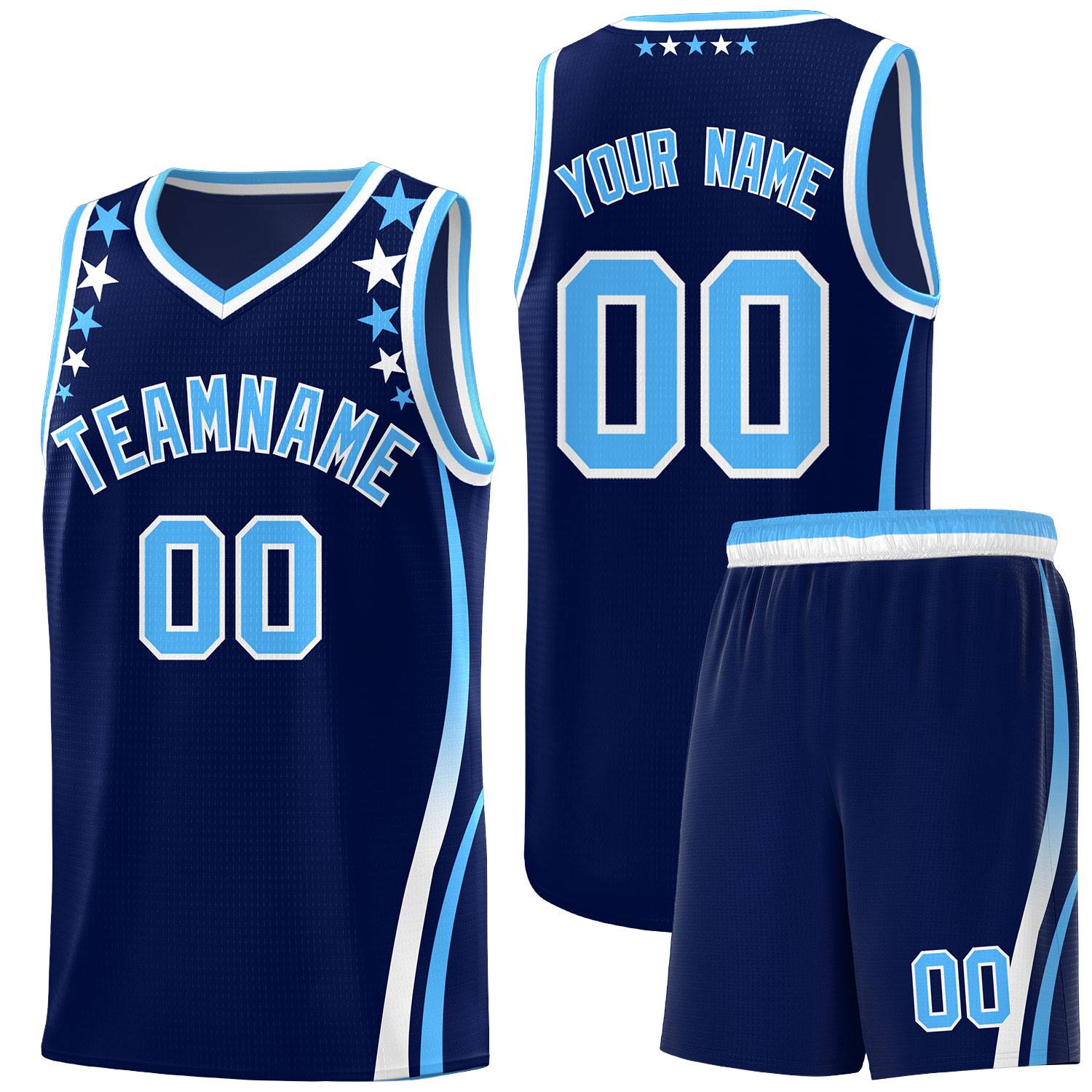Custom Navy Shoulders Star Pattern Side Color Block Sports Uniform Basketball Kits