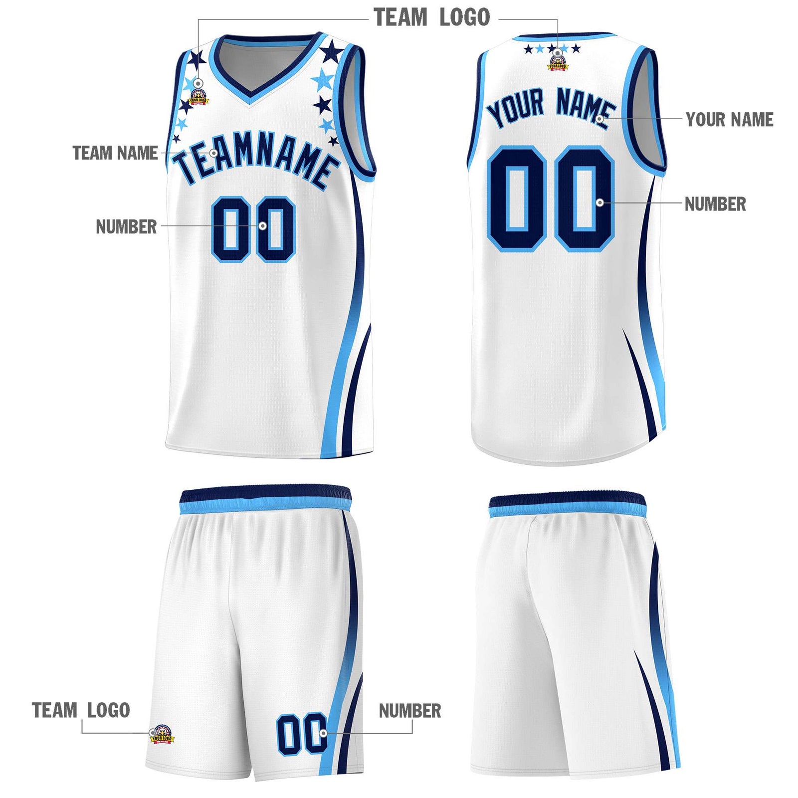 Custom White Shoulders Star Pattern Side Color Block Sports Uniform Basketball Kits